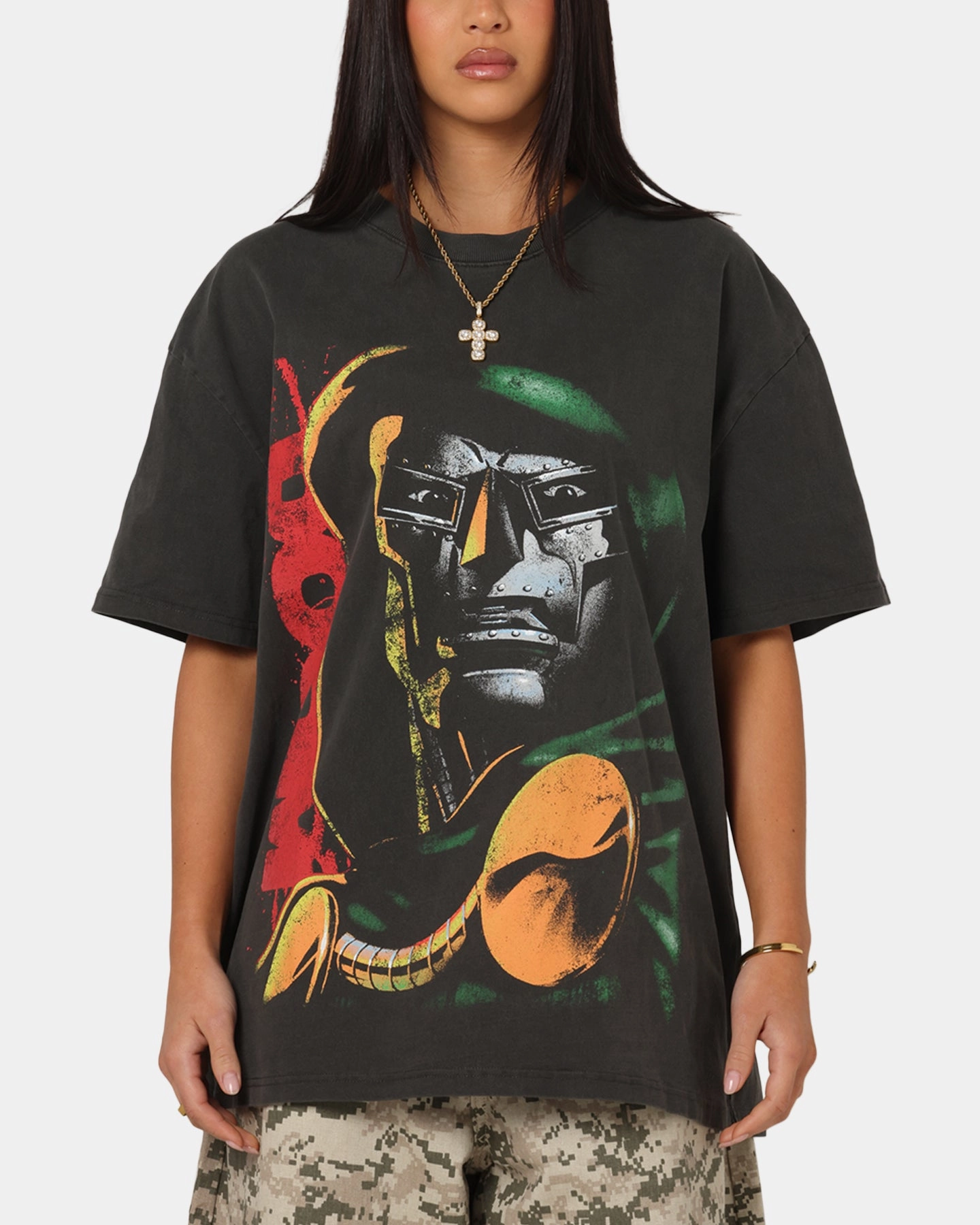 73 Studio Marvel Fantastic Four Doctor Doom Heavy T-Shirt Black Wash MultiPanelConstruction NonRestrictiveCollar