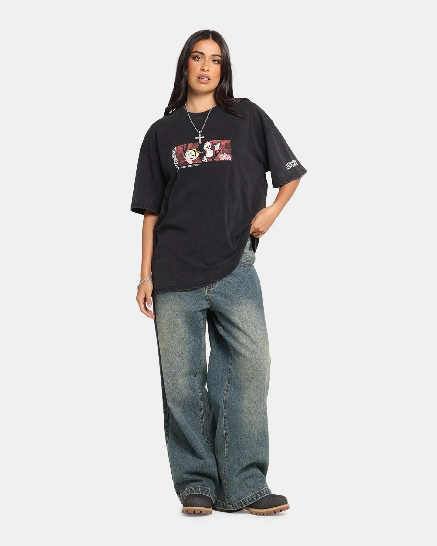 Durable Stitch Pattern 73 Studio X Cartoon Network Bill & Mandy Box Logo Vintage T-Shirt Black Acidwash