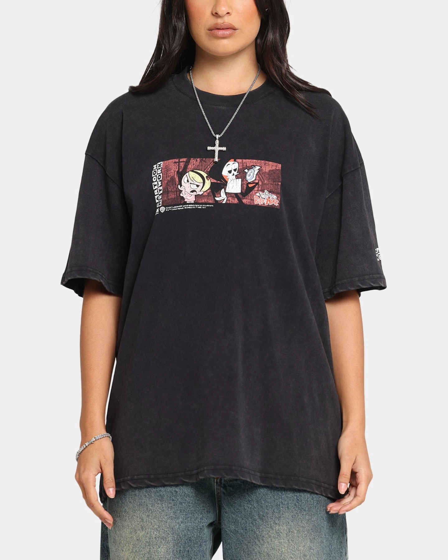 VNeckline 73 Studio X Cartoon Network Bill & Mandy Box Logo Vintage T-Shirt Black Acidwash