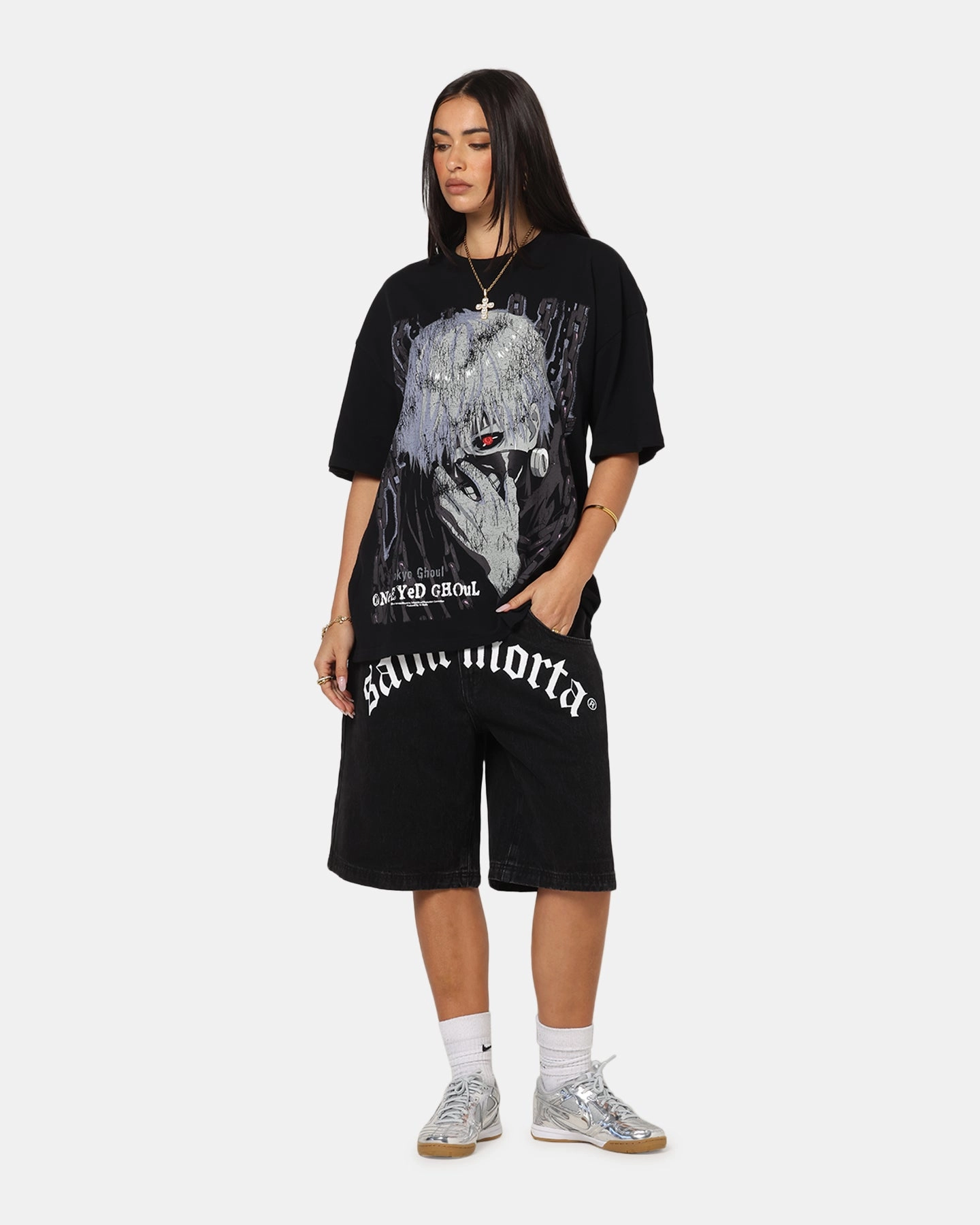 73 Studio X Tokyo Ghoul One Eyed Ghoul T-Shirt Black Fade Resistant Coating DroppedShoulder