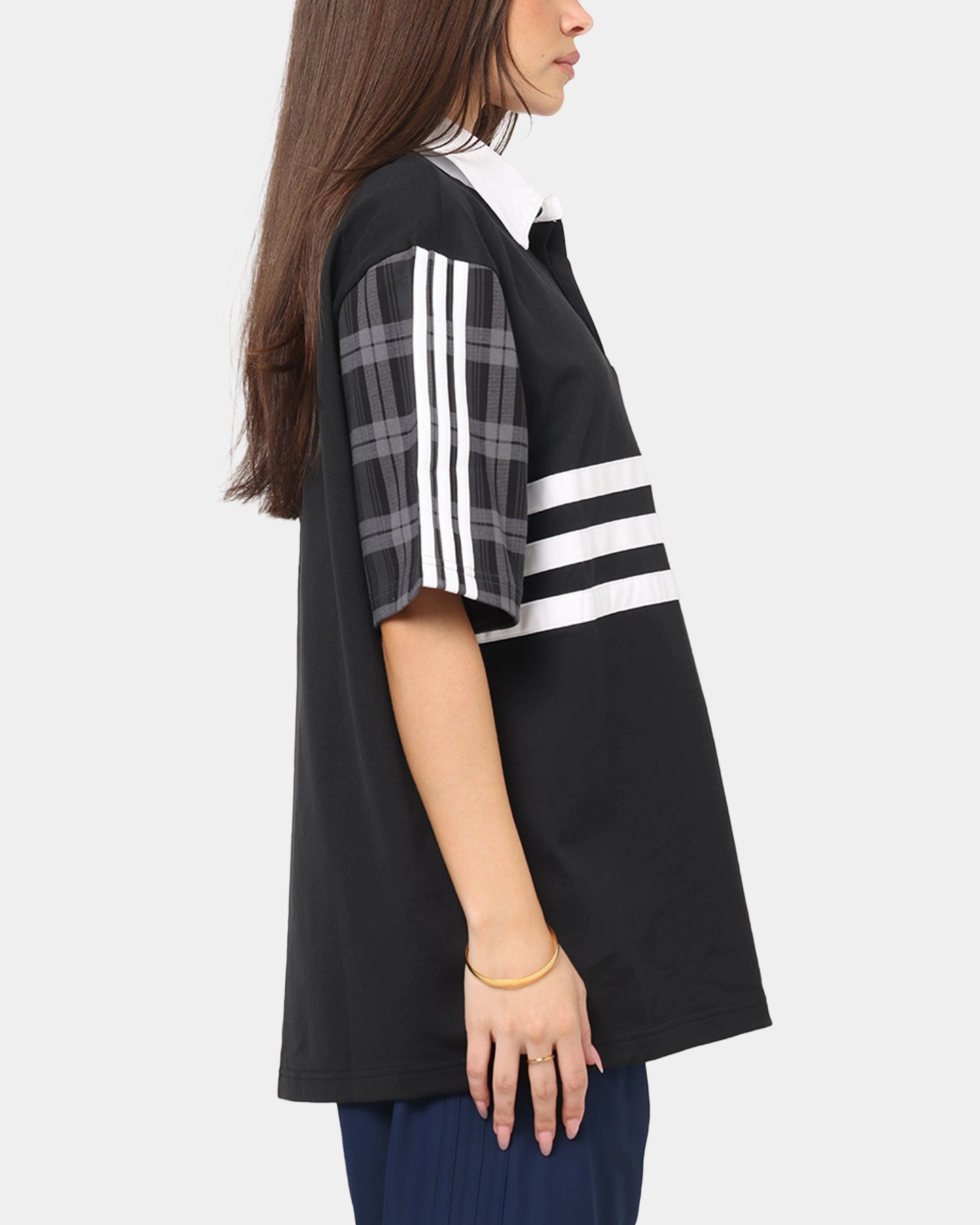 Modern Silhouette NonRestrictive Fit Adidas Tartan Regular Rugby Polo T-Shirt Black