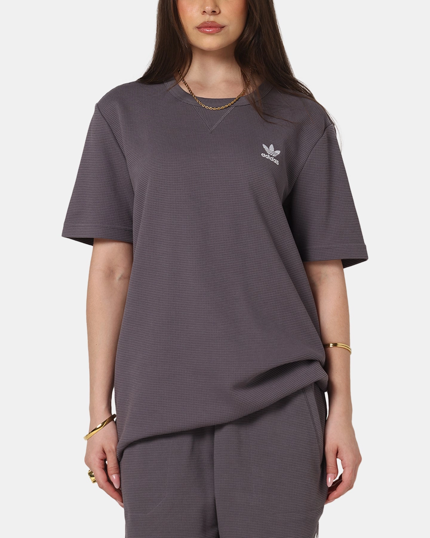 Minimalist Stitching Adidas Trefoil Essentials Waffle T-Shirt Grey Strata