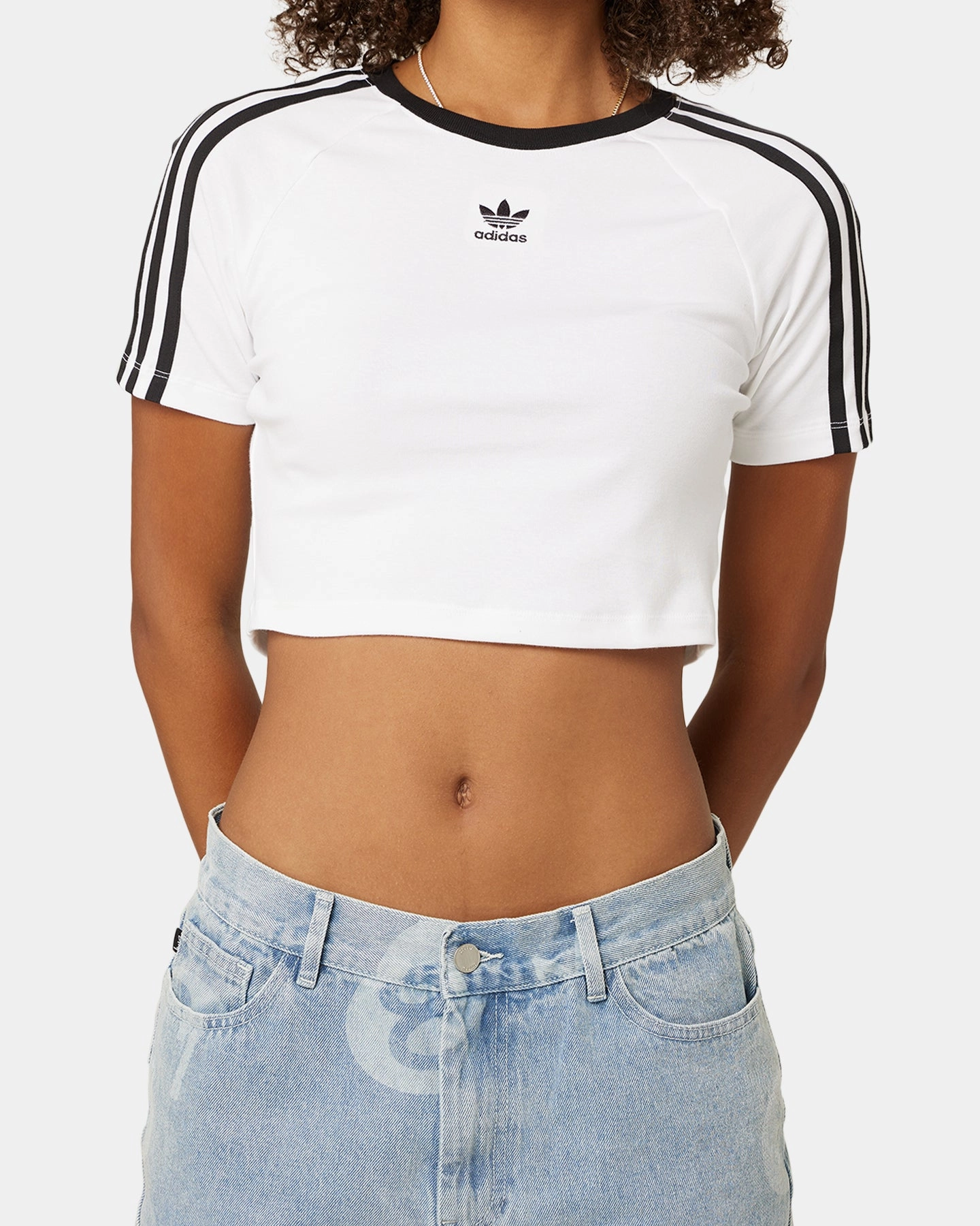 Adidas Women's 3-Stripes Baby T-Shirt White StretchComfortDesign Layered Ply Construction