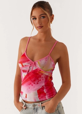 Sporty Design High Neck Design Claudie Mesh Top - White Pink Lilly