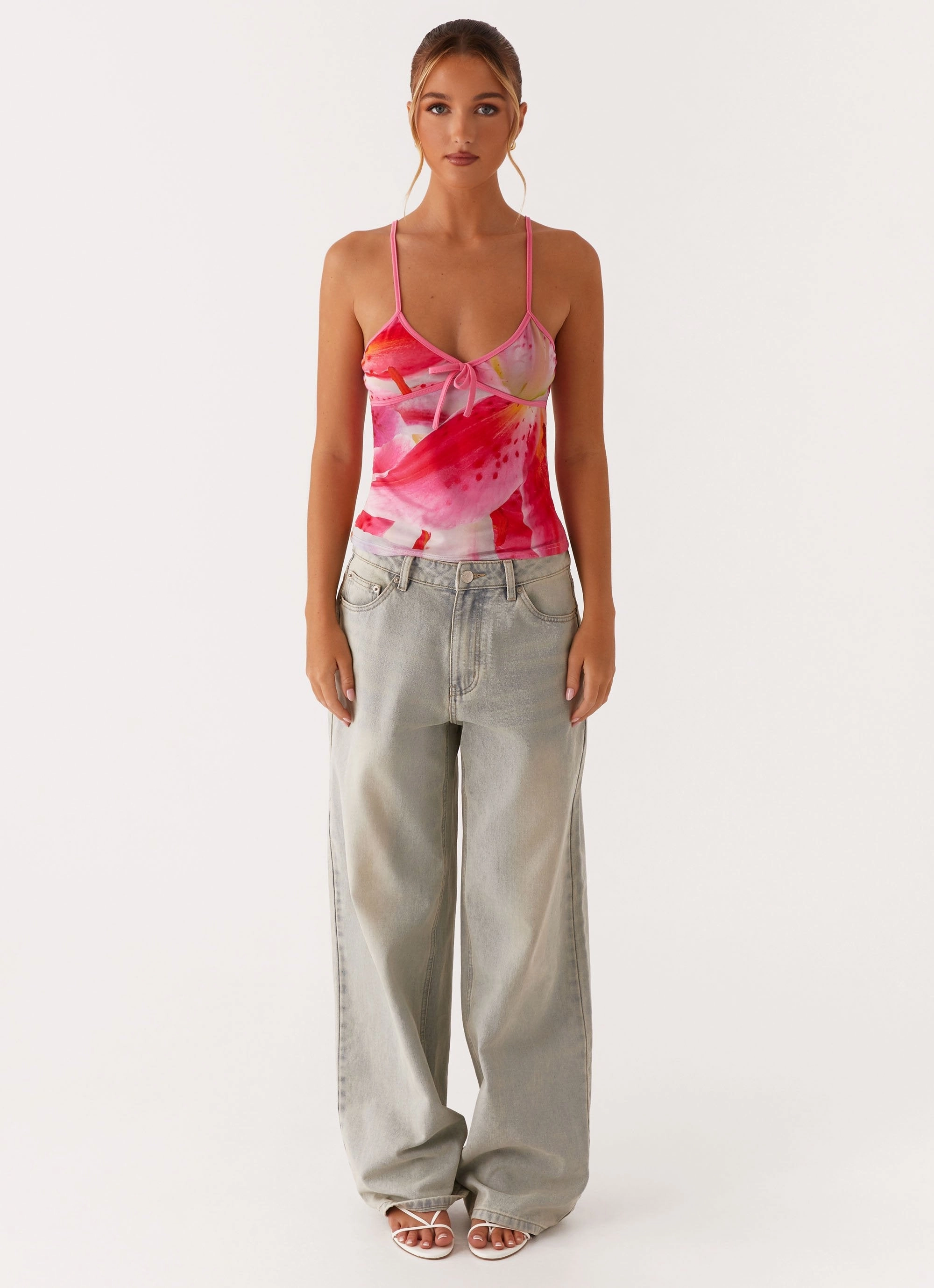 MidweightKnit DoubleStitched Claudie Mesh Top - White Pink Lilly