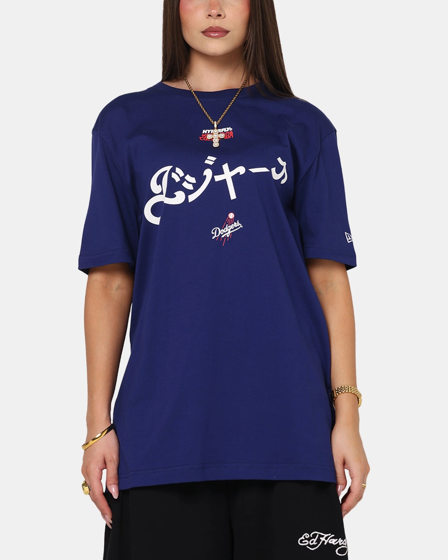 Textured Weave Pattern RibbedCollar New Era Los Angeles Dodgers 'Hyperfly Katakana x MLB' T-Shirt Dark Blue