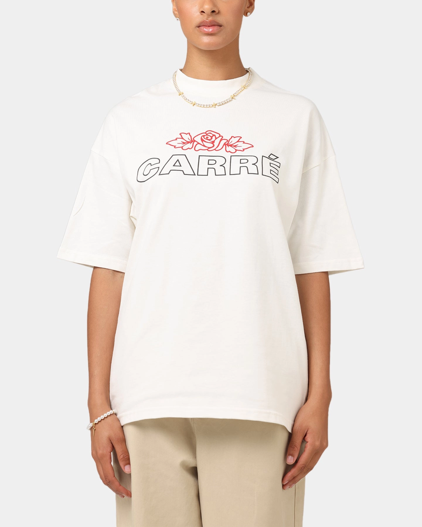 Smooth Seam Transition All Weather Performance Fabric Carre Rosebud Mock Neck T-Shirt Off White