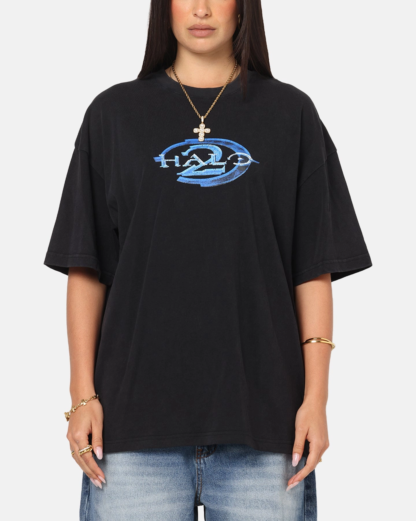 73 Studio X Halo Halo 2 Vintage T-Shirt Black Acidwash BreathableMeshPanels RibbedHemline