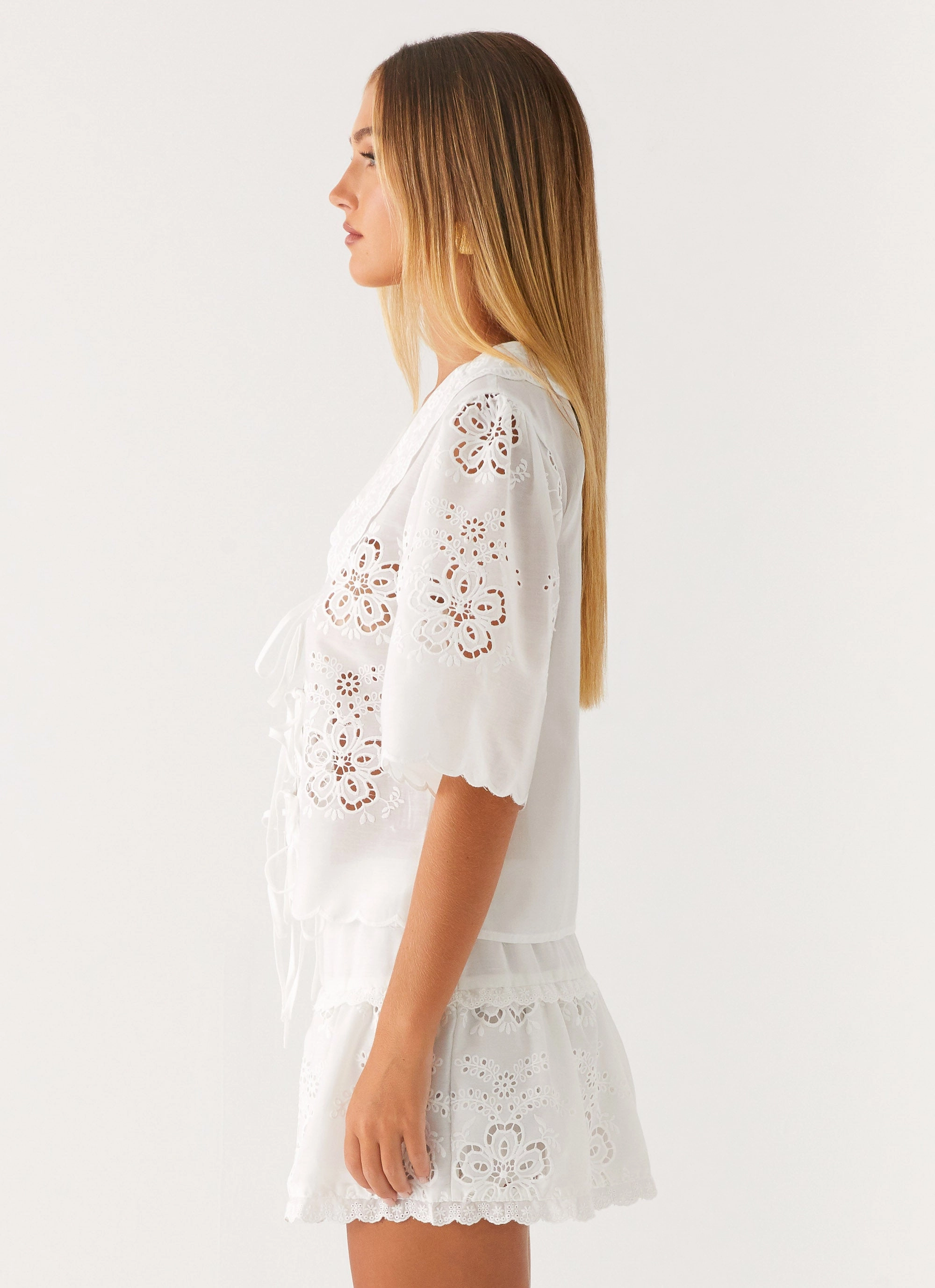 Summer Escape Embroidered Top - White AntiStaticFinish Double Layered Hem Reinforcement