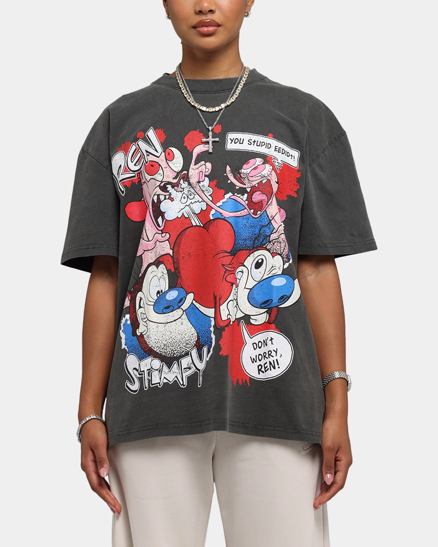 American Thrift X Nickelodeon Ren And Stimpy Heavy T-Shirt Black Wash Double Faced Jersey Knit
