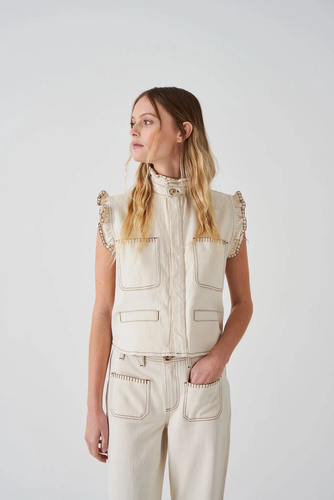 Pablo Vest in Ecru Denim AbrasionResistant Fabric