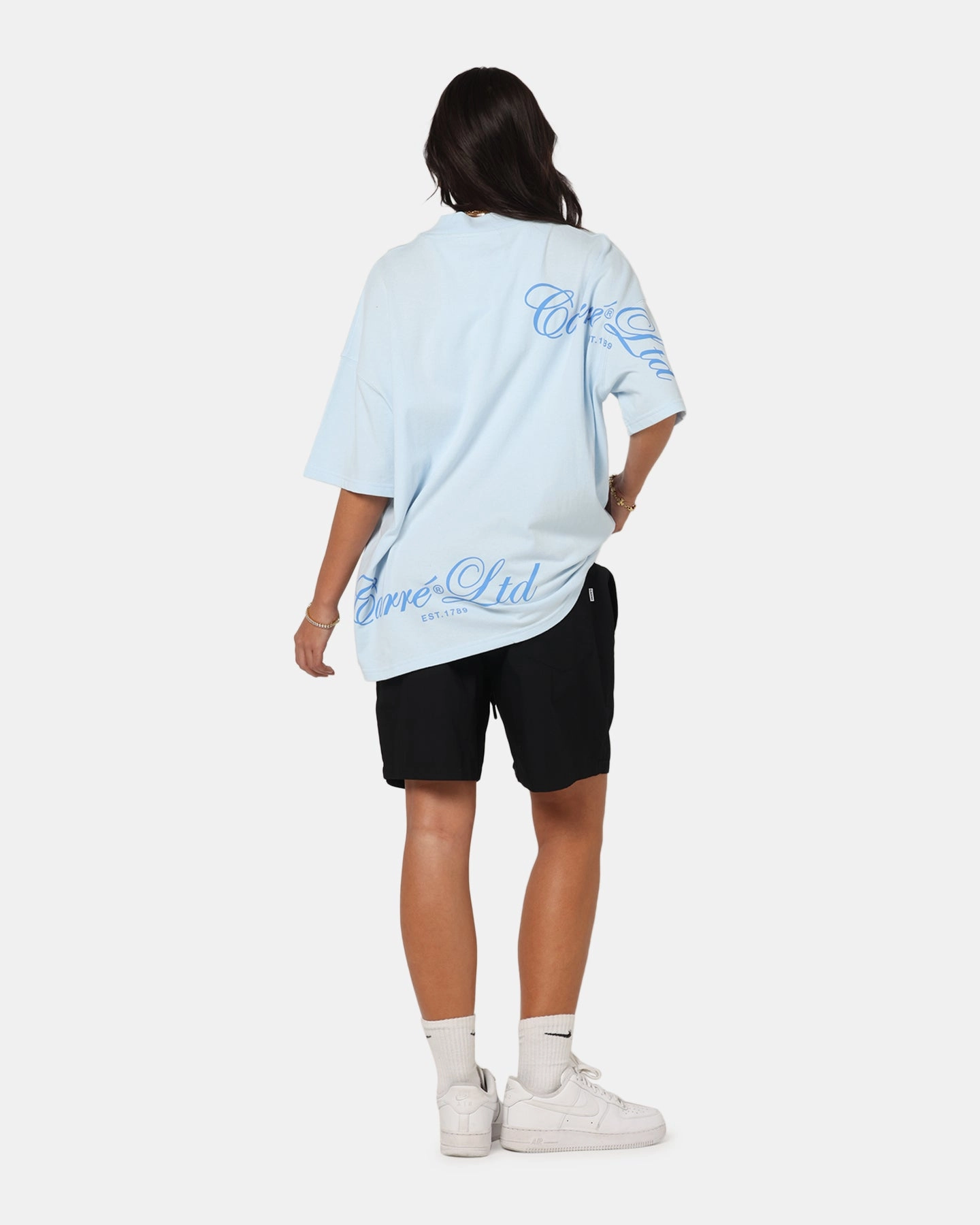 Carre Side Script Oversized T-Shirt Baby Blue Distressed Texture