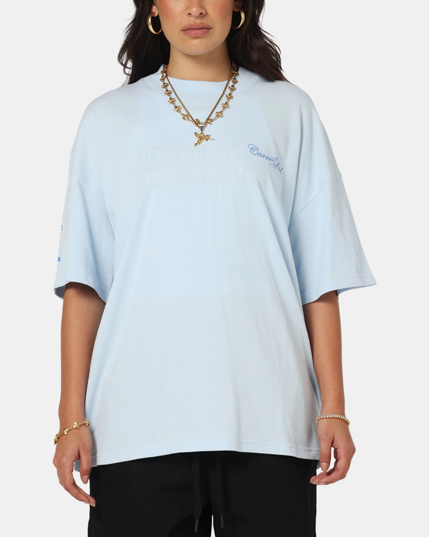 EcoFriendlyDye Ethically Sourced Yarn Carre Side Script Oversized T-Shirt Baby Blue