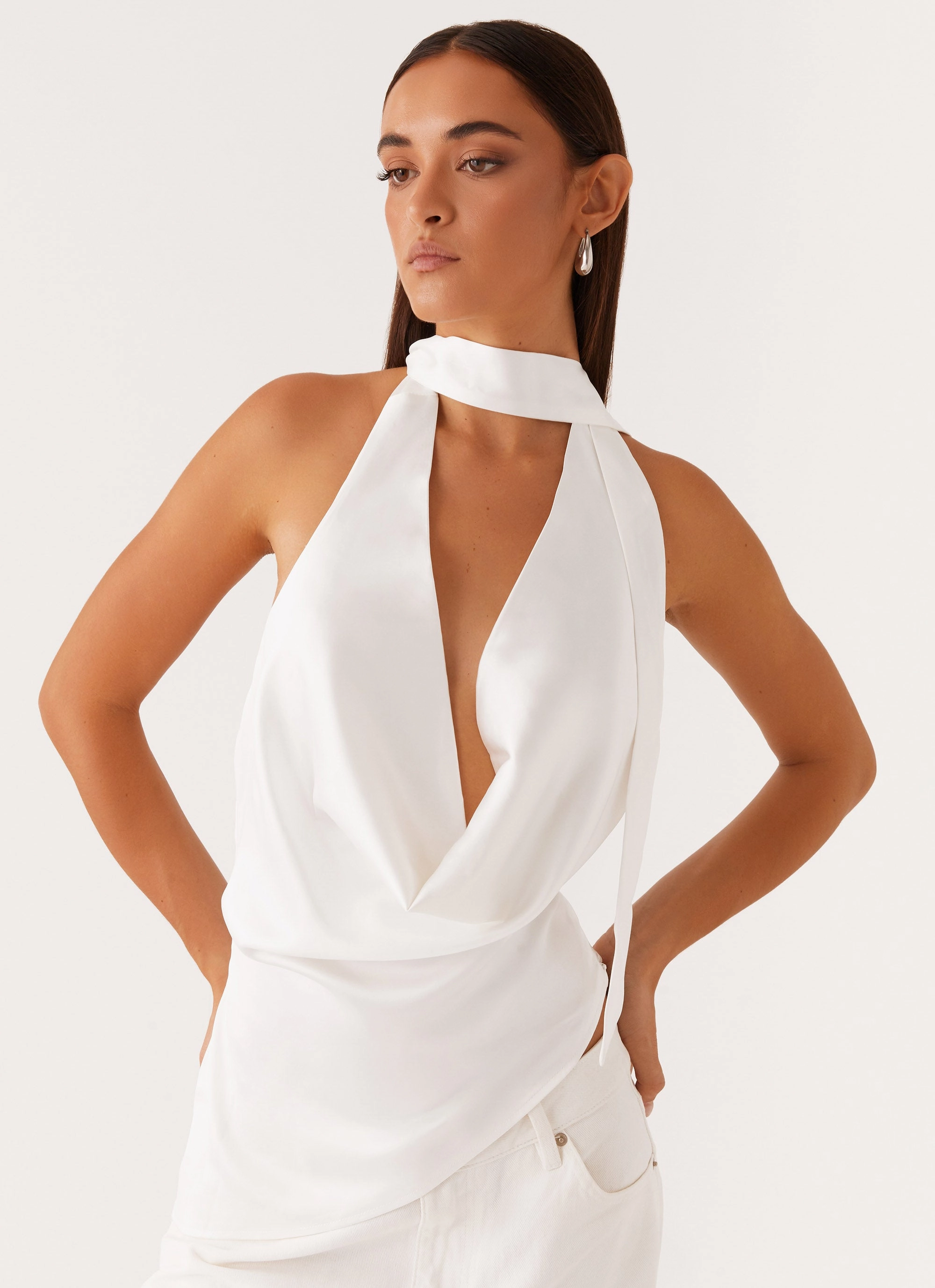 Breathable Ventilation Nina Halterneck Scarf Top - White
