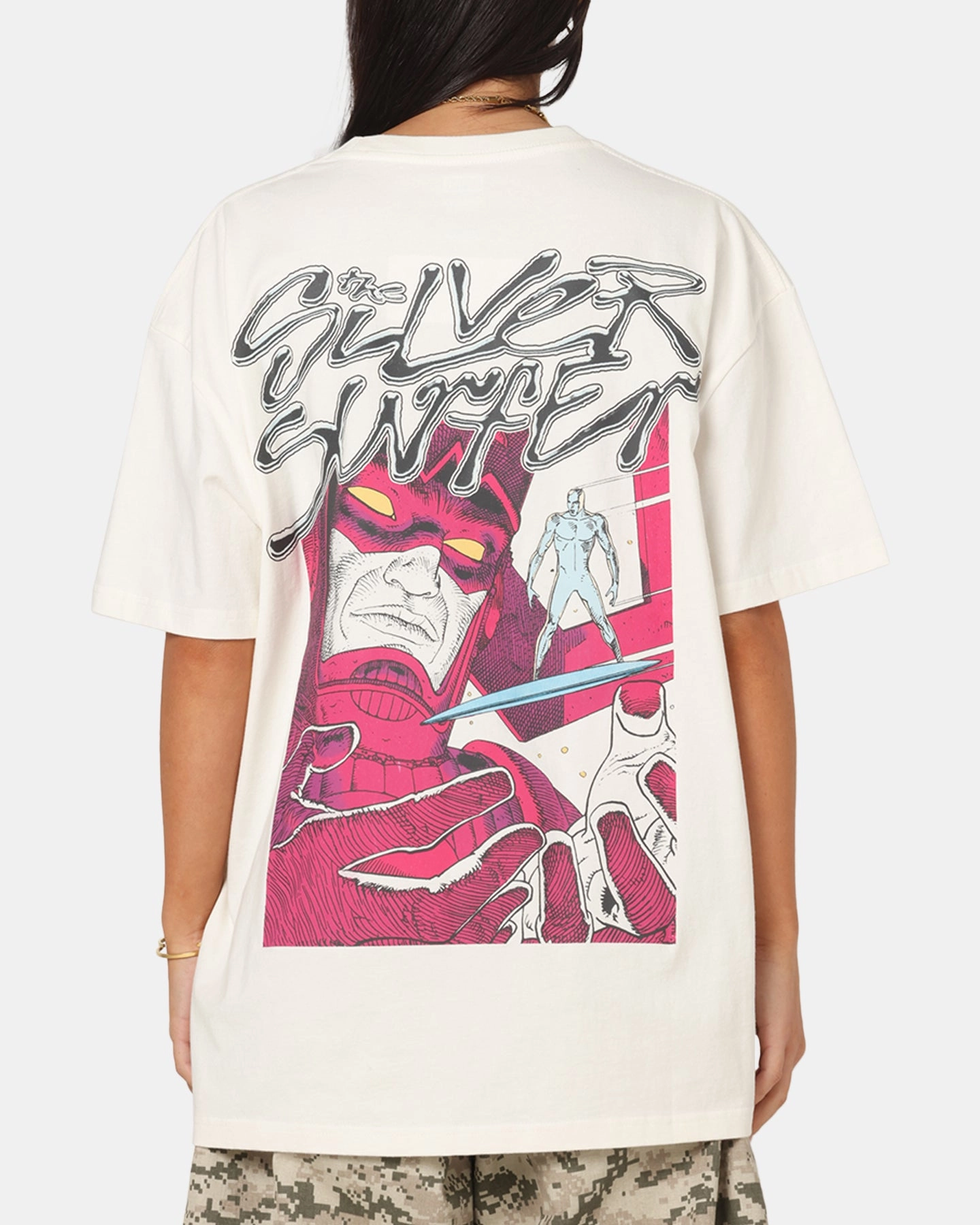 73 Studio Marvel Fantastic Four Silver Surfer Heavy T-Shirt Off White Roll Up Sleeve System