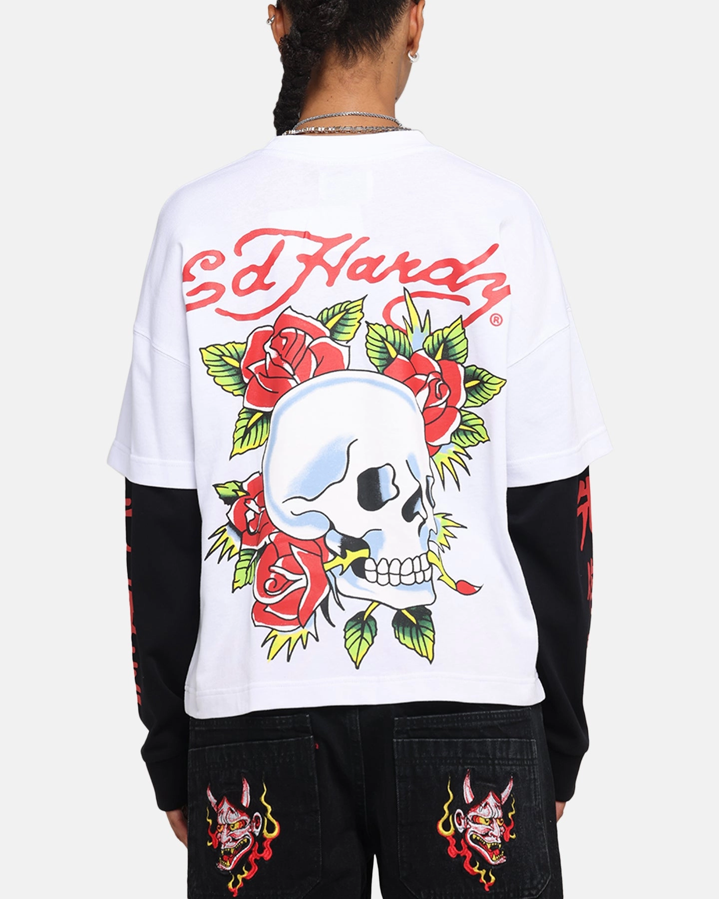 Resilient Fabric Blend Ed Hardy Skull Layered Long Sleeve T-Shirt White