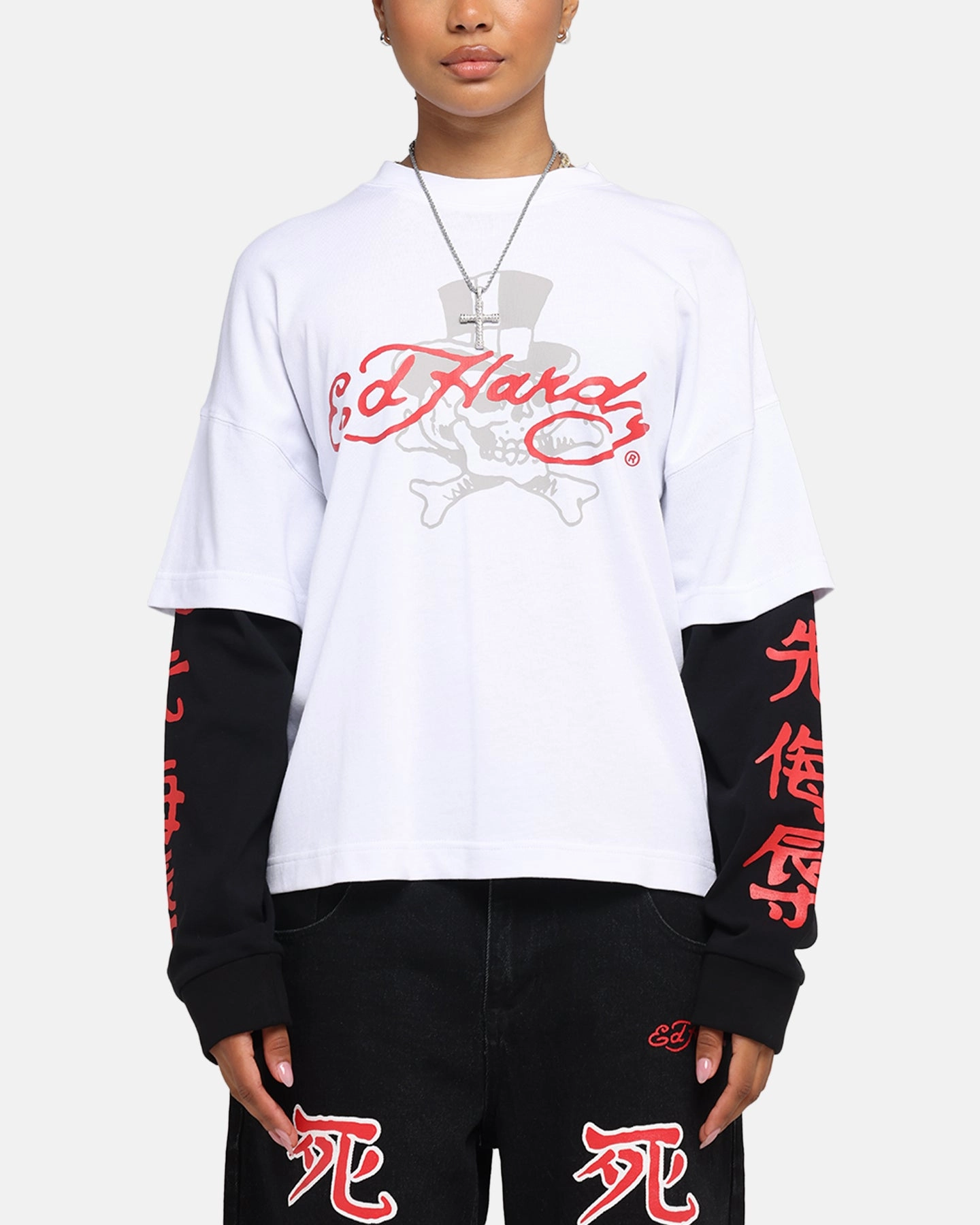 Chic Tee Stretchable Material Ed Hardy Skull Layered Long Sleeve T-Shirt White