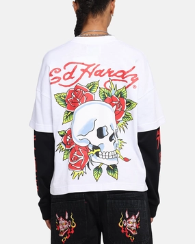 Resilient Fabric Blend Ed Hardy Skull Layered Long Sleeve T-Shirt White