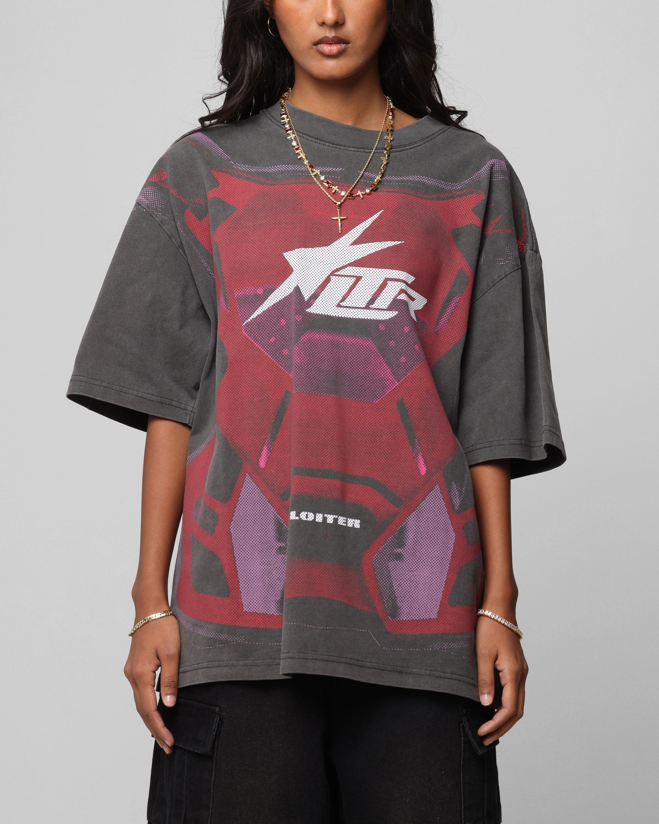 Loiter Motocross Vintage T-Shirt Charcoal/Red ContrastStitching DoubleStitchedSeams