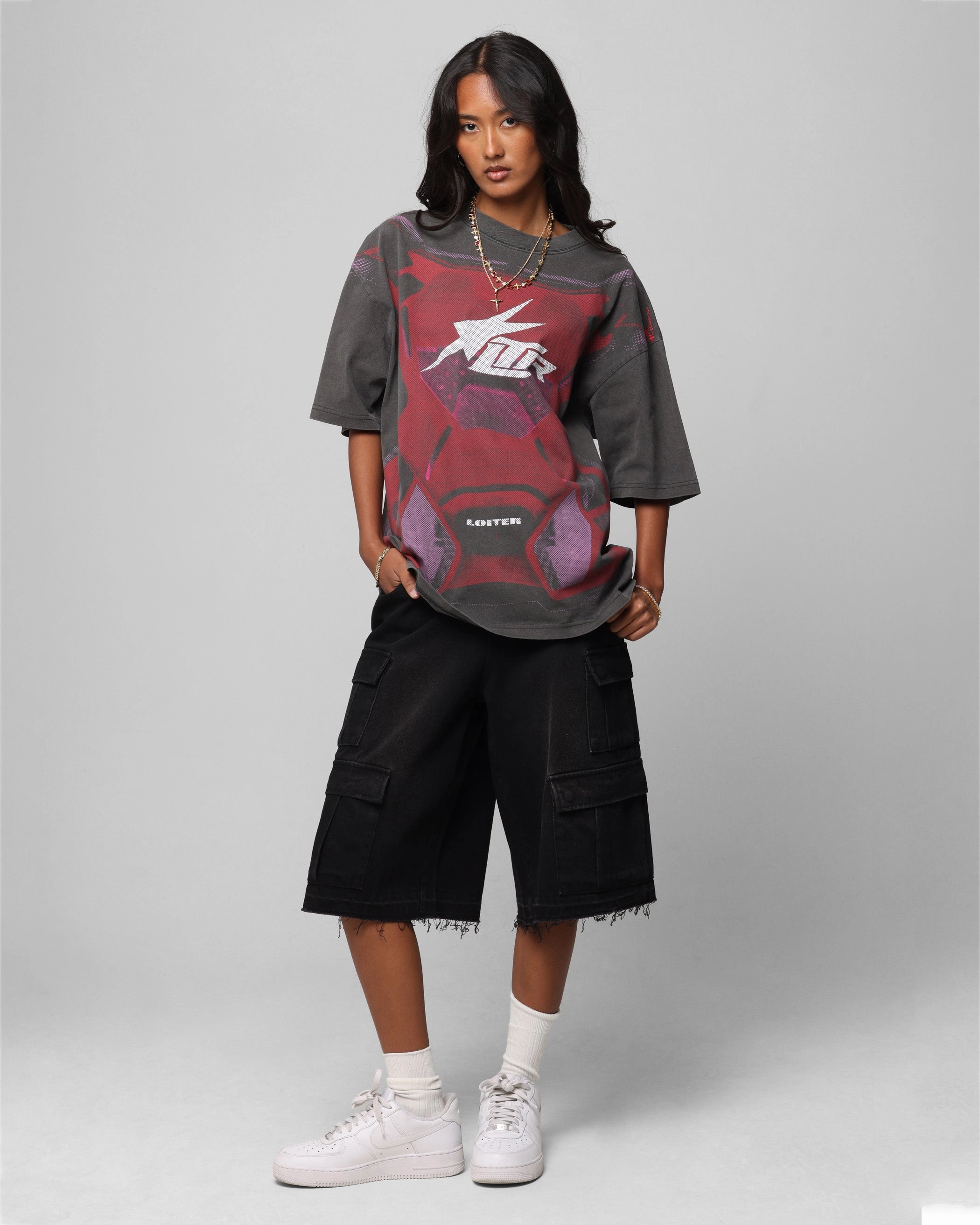 Loiter Motocross Vintage T-Shirt Charcoal/Red YarnDyedFabric Tear Resistant Fiber Blend