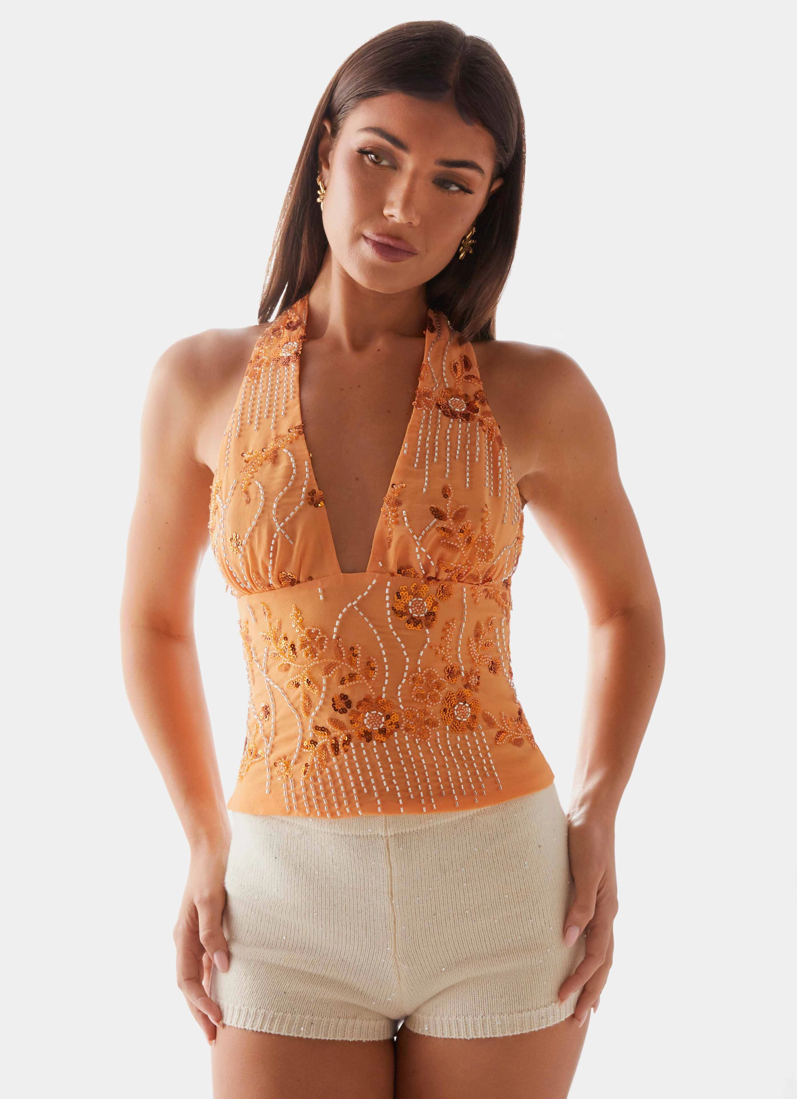 Atlanta Sequin Halter Top - Orange Durable Reinforced Elbow Patches