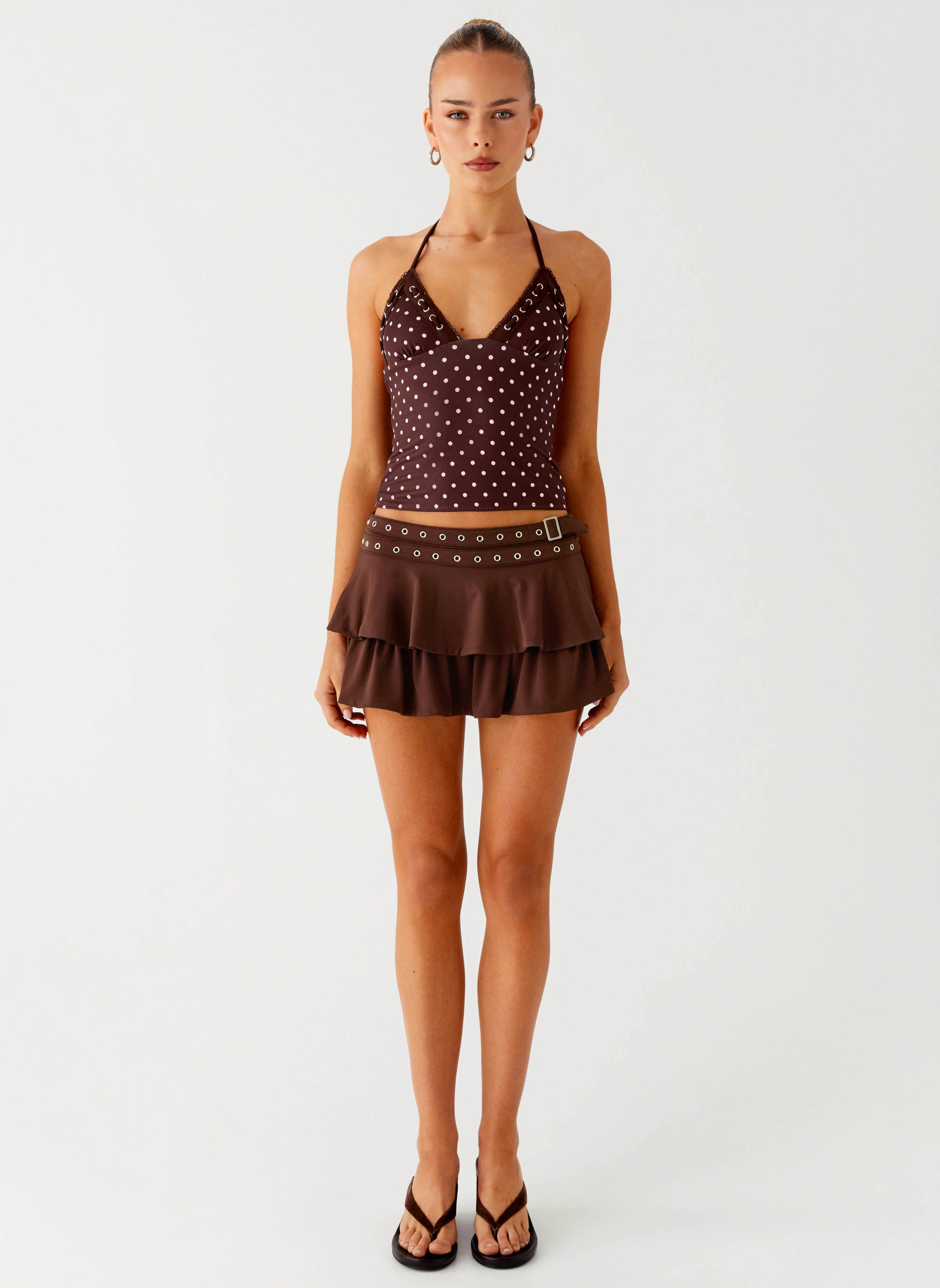Classic Hoodie Bahama Eyelet Lace Up Top - Chocolate Strawberry Dot