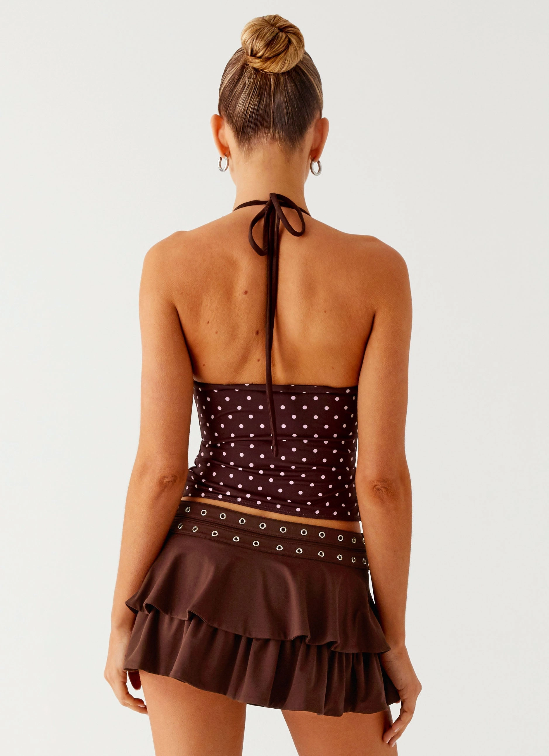 Bahama Eyelet Lace Up Top - Chocolate Strawberry Dot Bound Seam Edges