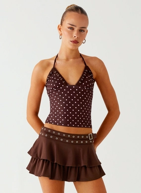 Slim Fit Design Everyday Comfort Fit Bahama Eyelet Lace Up Top - Chocolate Strawberry Dot