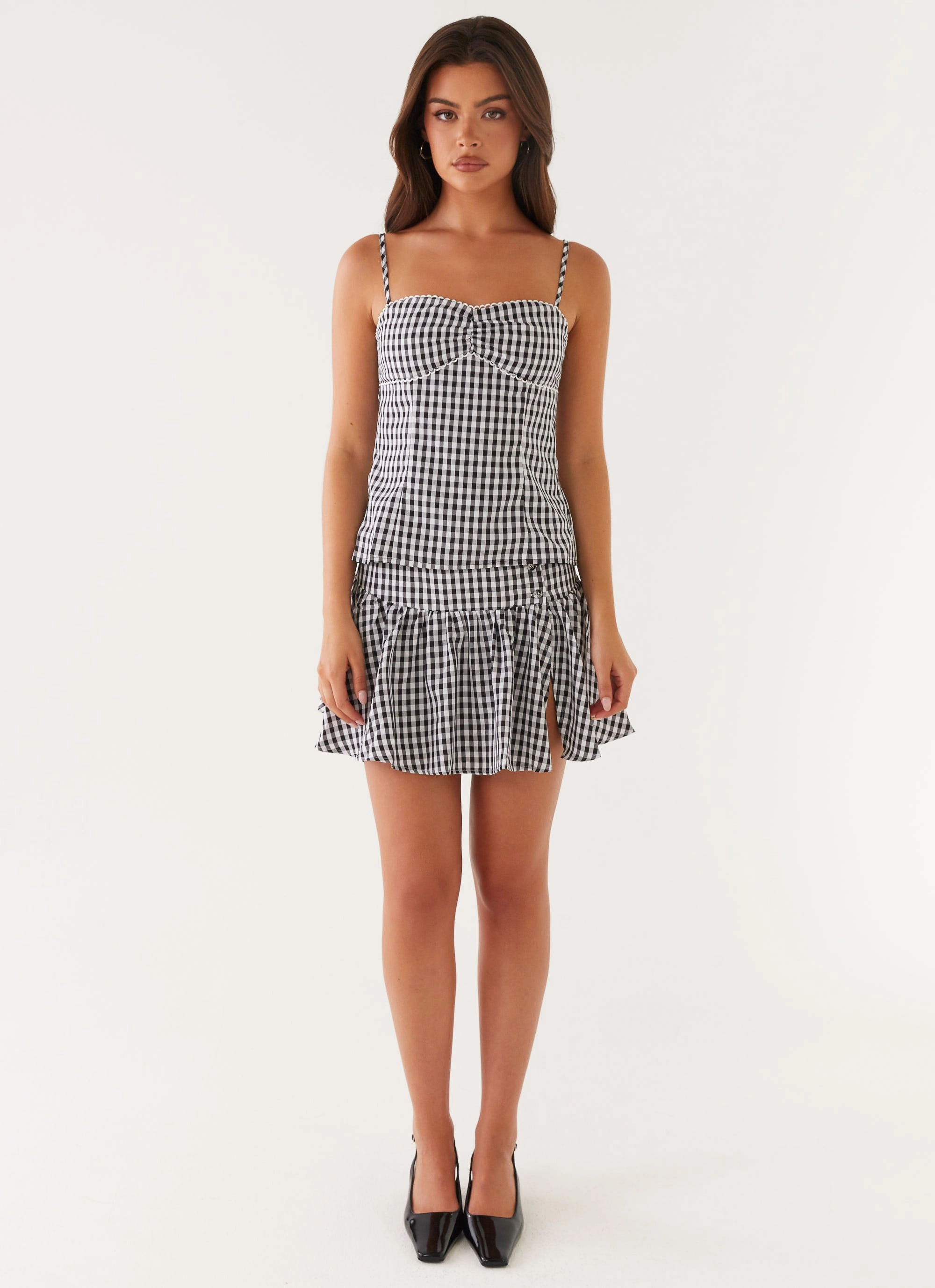 BrushedInnerSurface Convertible Neckline Bellamy Top - Black Gingham