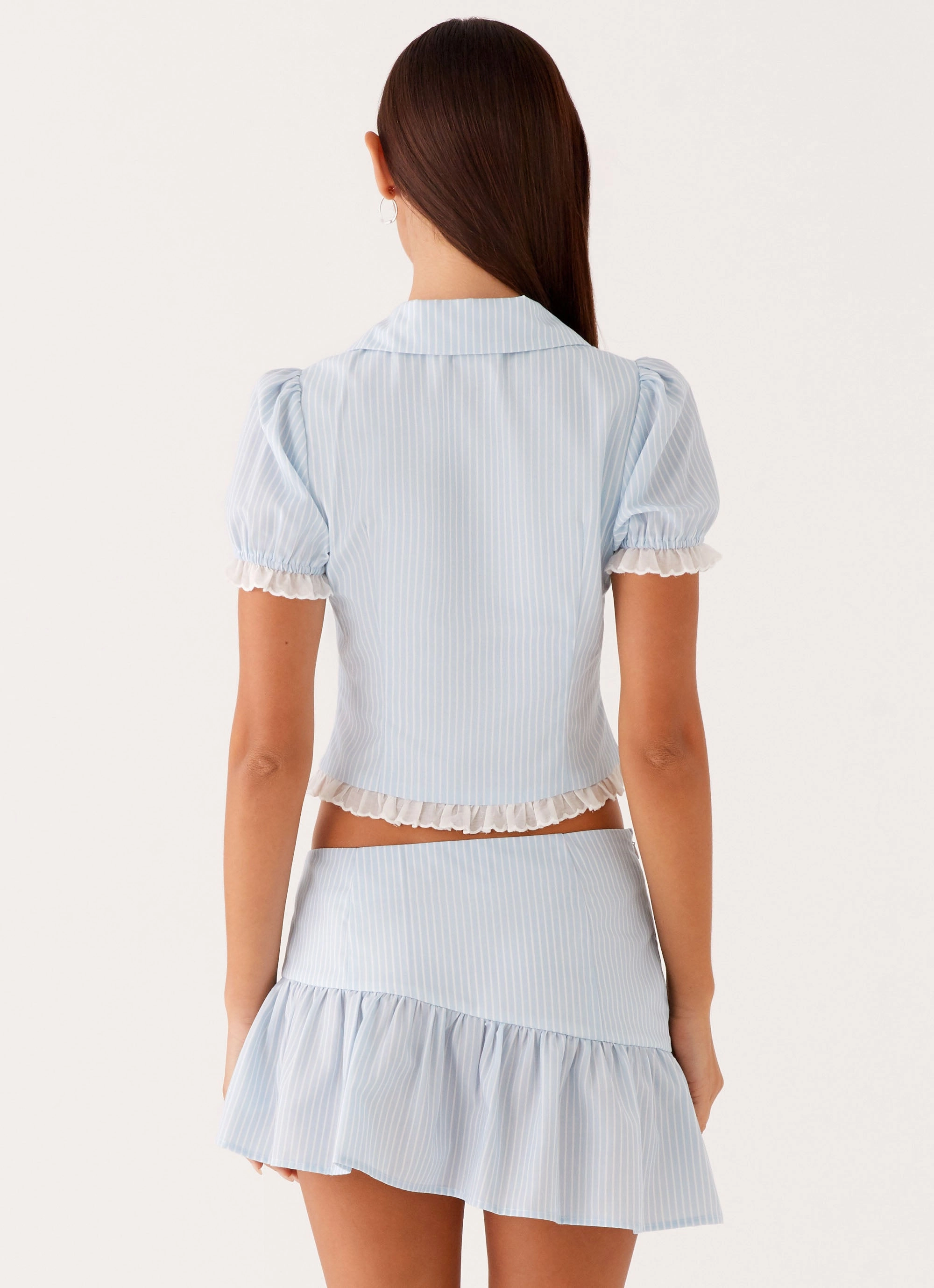 Bennett Button Up Top - Blue White Stripe BoxyCrop
