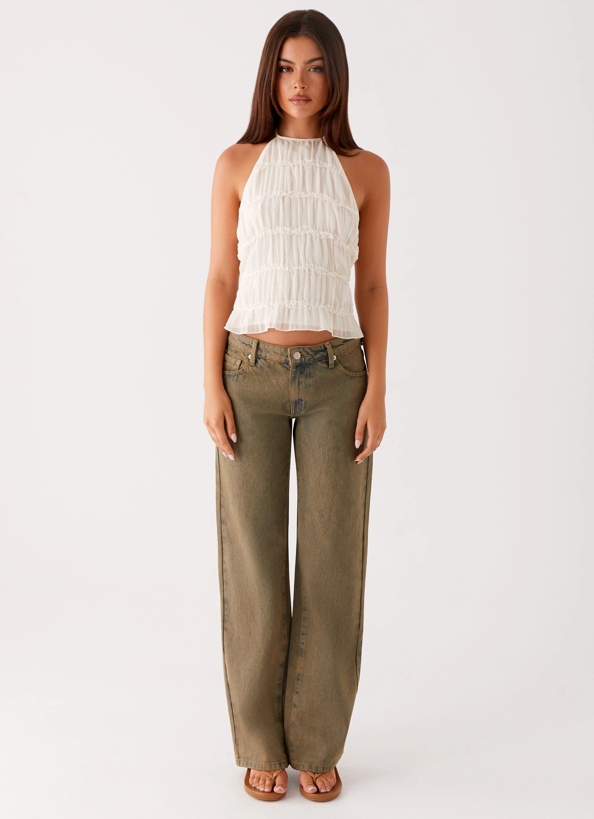 Bennie Halter Top - Ivory Built In Filter Layer Roll Up Sleeve Design