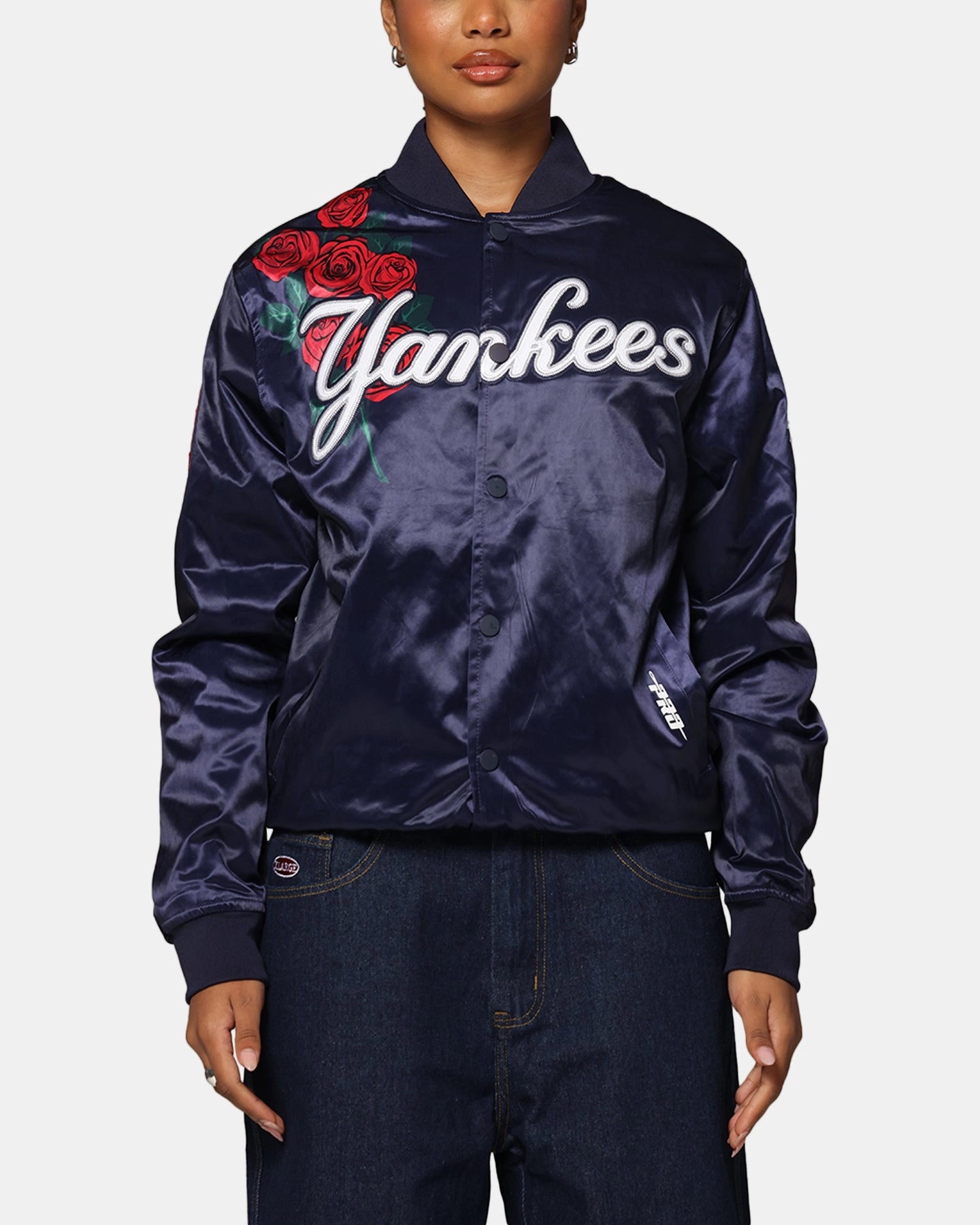 Pro Standard New York Yankees Roses Satin Jacket Navy Easy Care Material Reinforced Stress Points