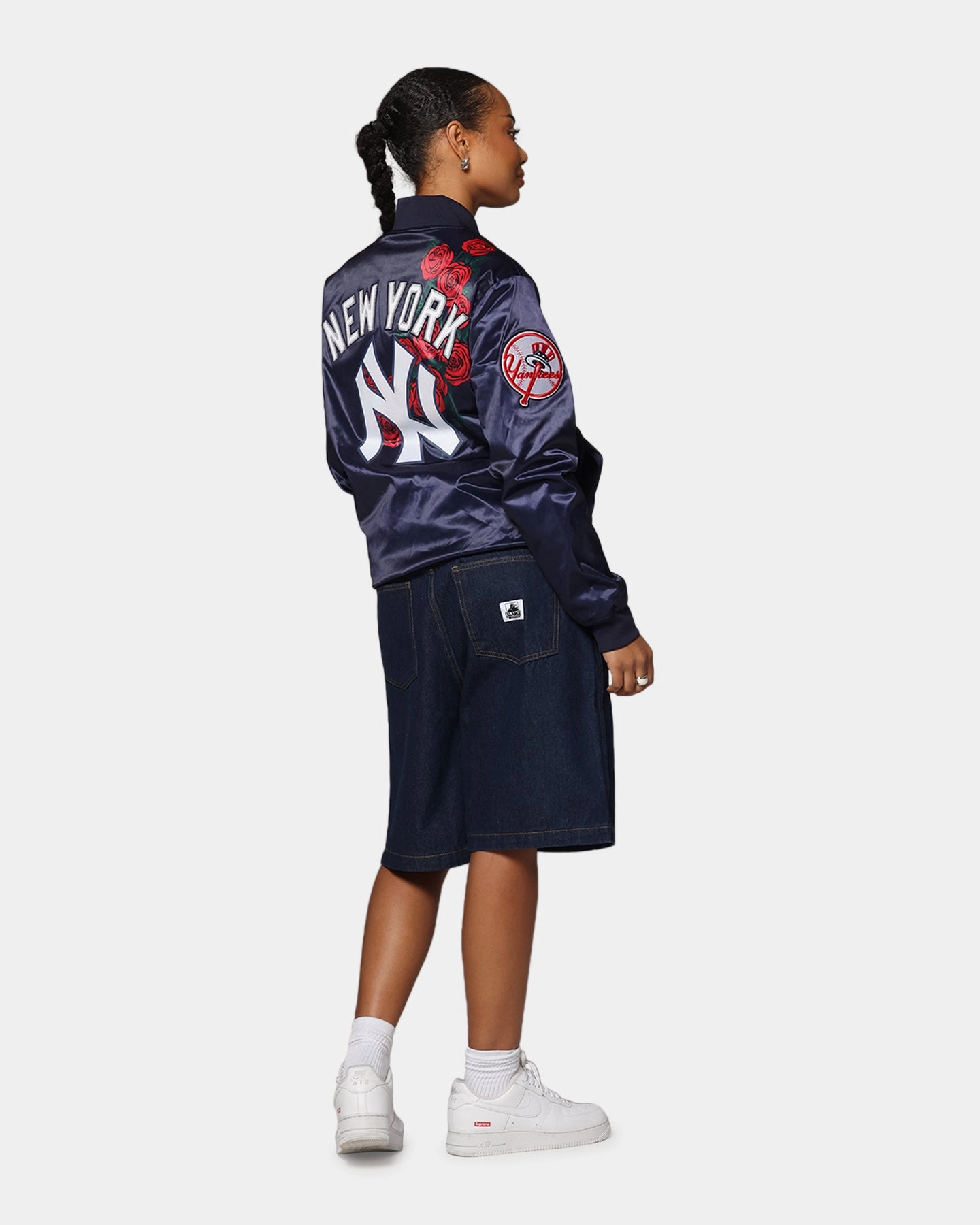 Versatile Layering Cut Pro Standard New York Yankees Roses Satin Jacket Navy
