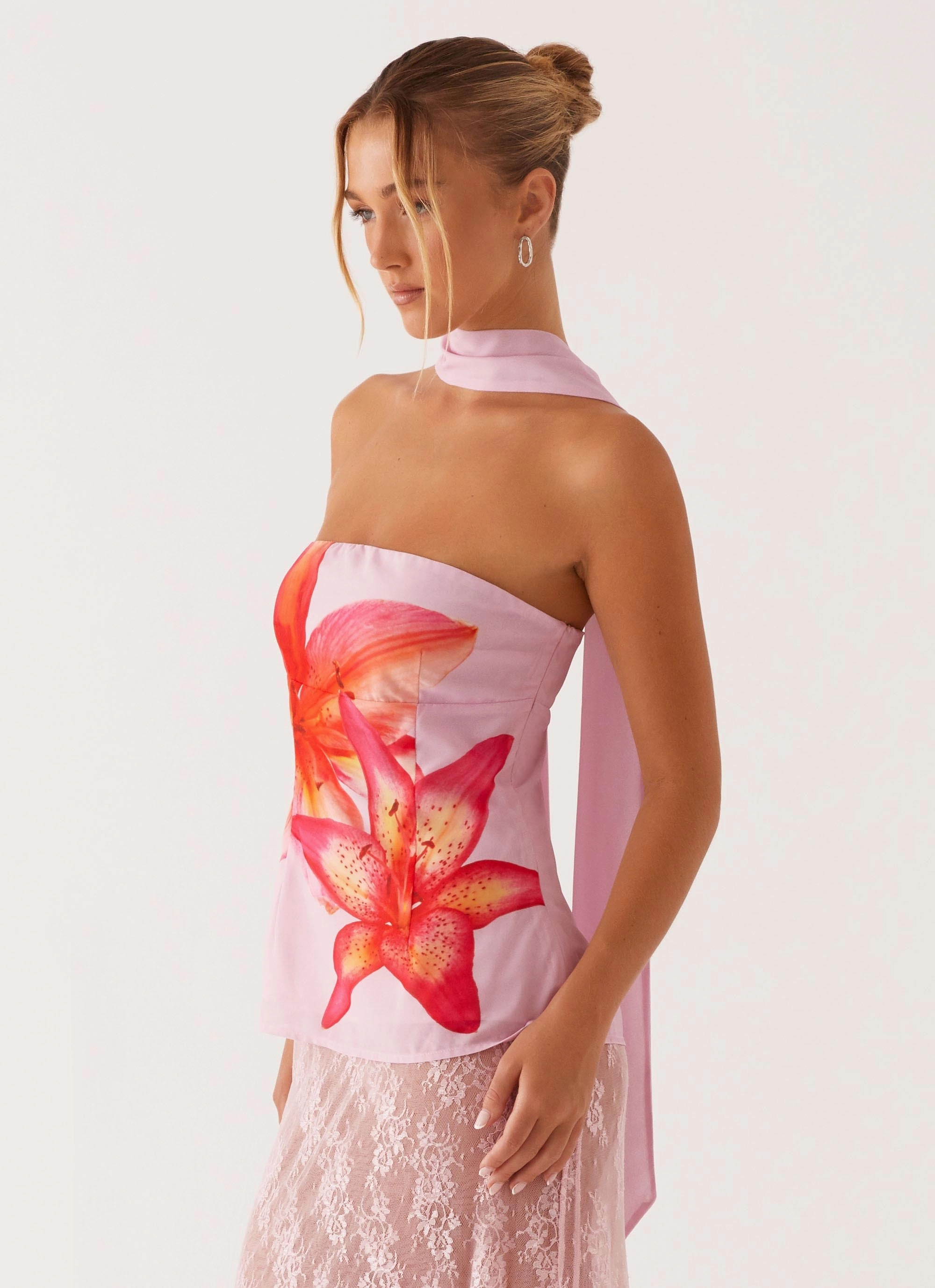 Two Tone Texture Effect Breathable Microfiber Blaise Scarf Top - Pink Floral