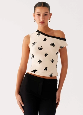 Blind Faith Flock One Shoulder Top - Cream MeshPanelIntegration