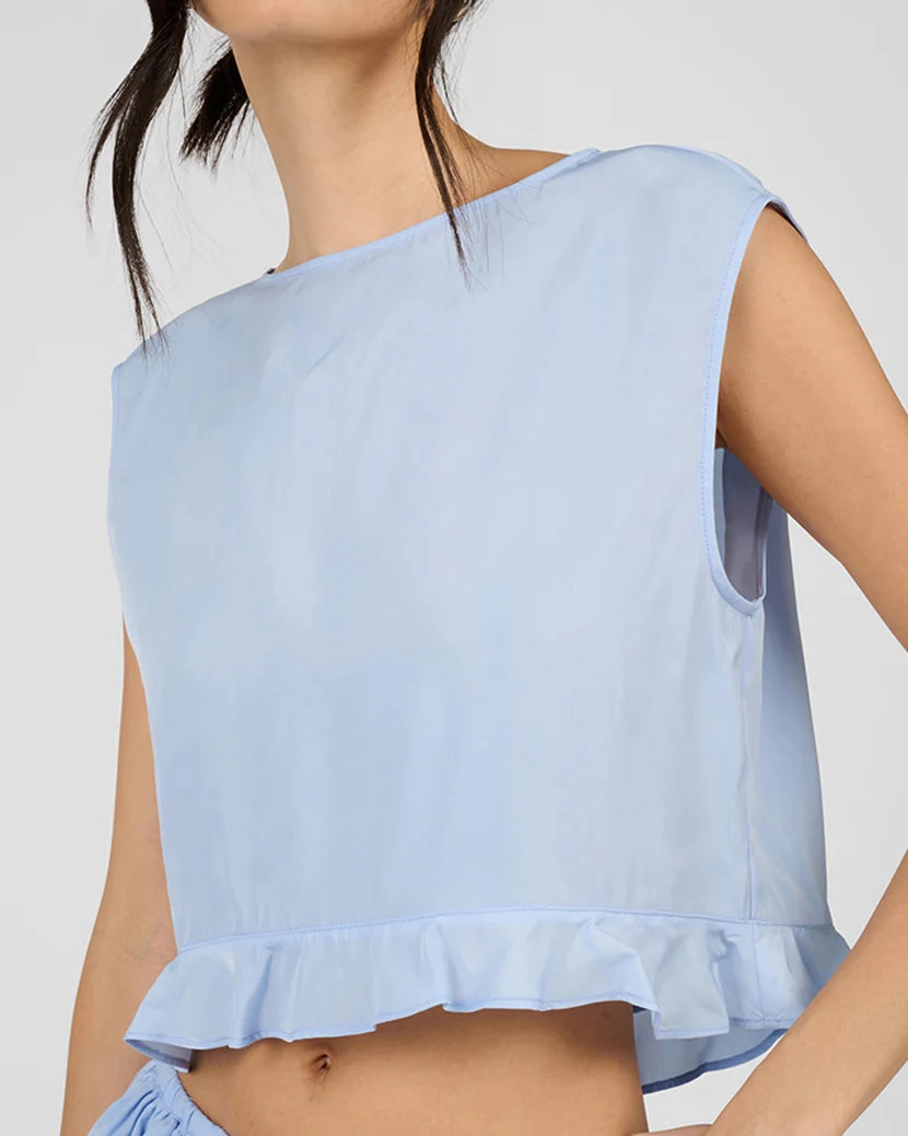 Boat Neck Ruffle Top Curved Hem