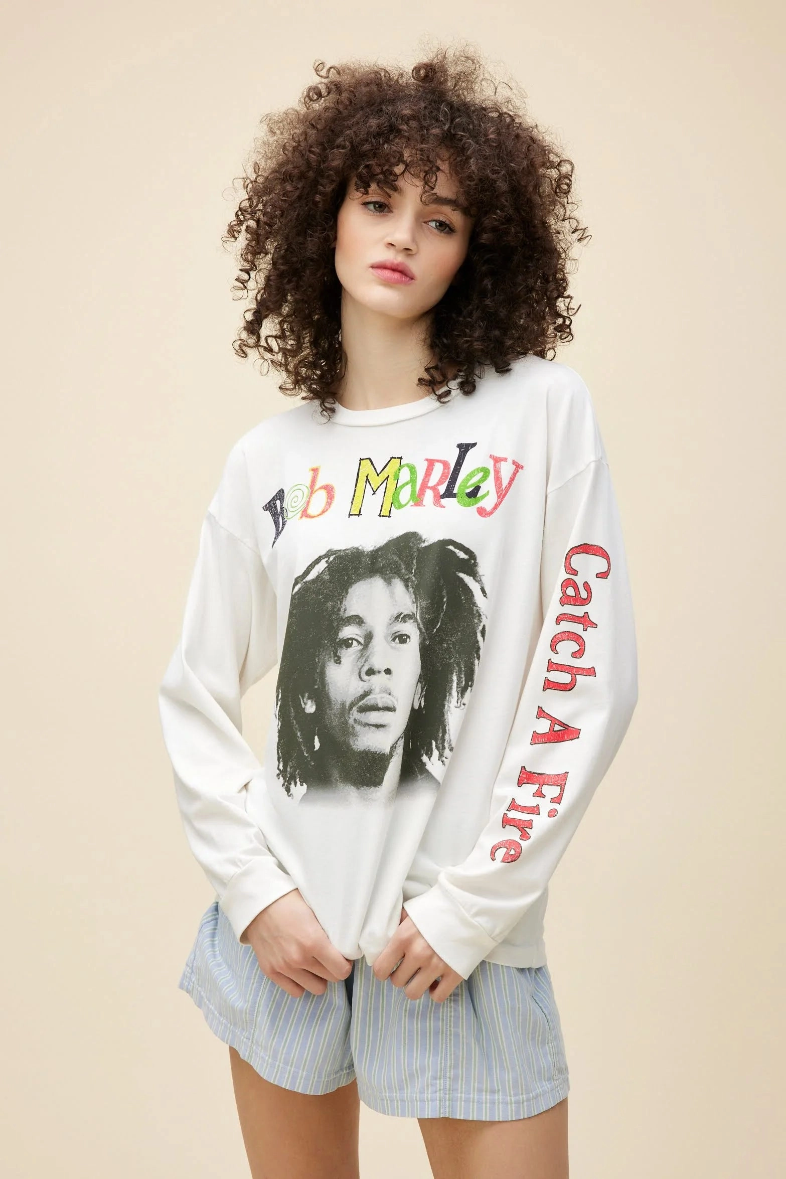 Brushed Inner Layer MultiDirectionalStretch Bob Marley Catch A Fire Relaxed Long Sleeve