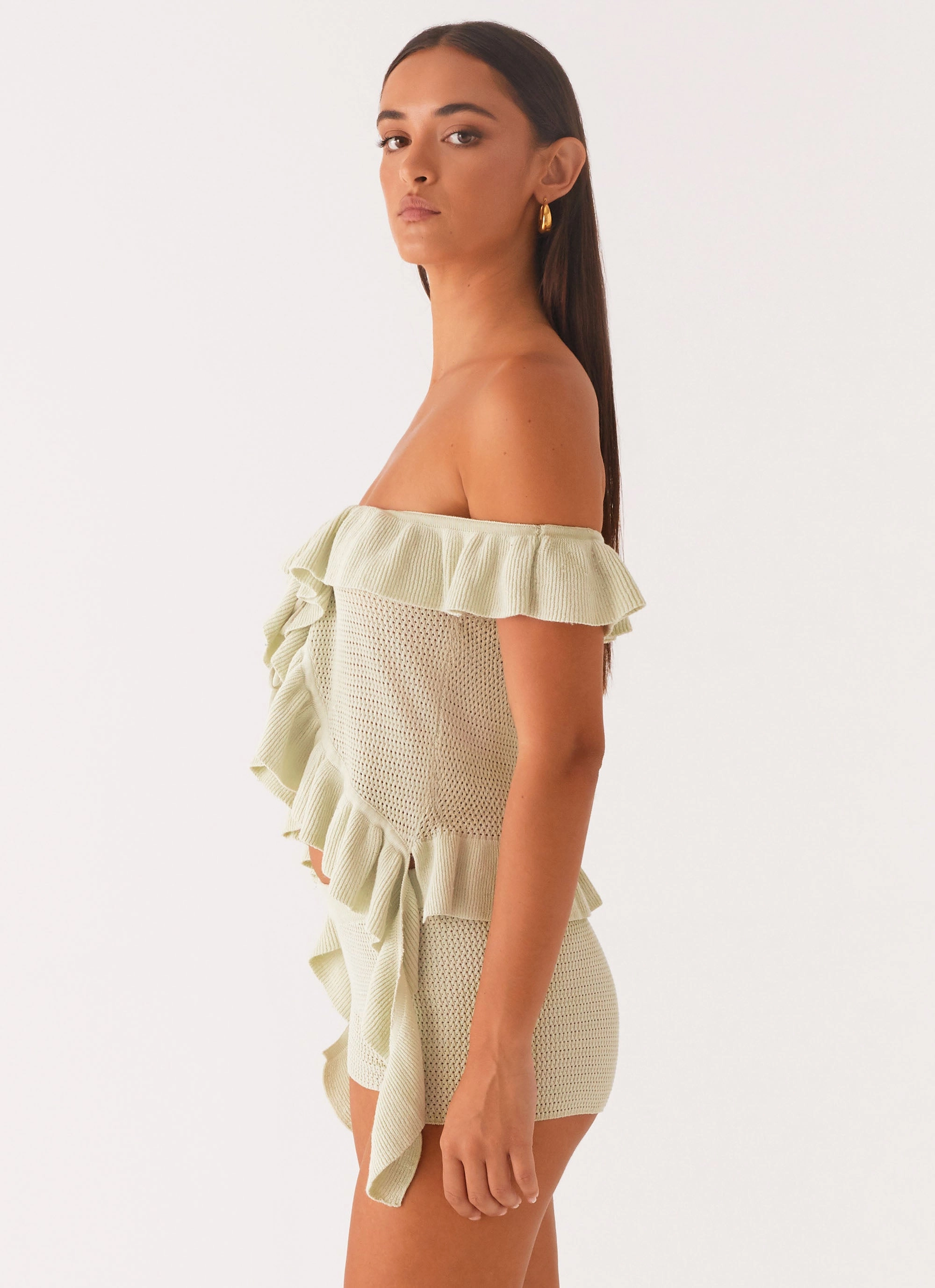 ButtonDownCollar Tagless Labeling Bowen Off Shoulder Knit Top - Mint