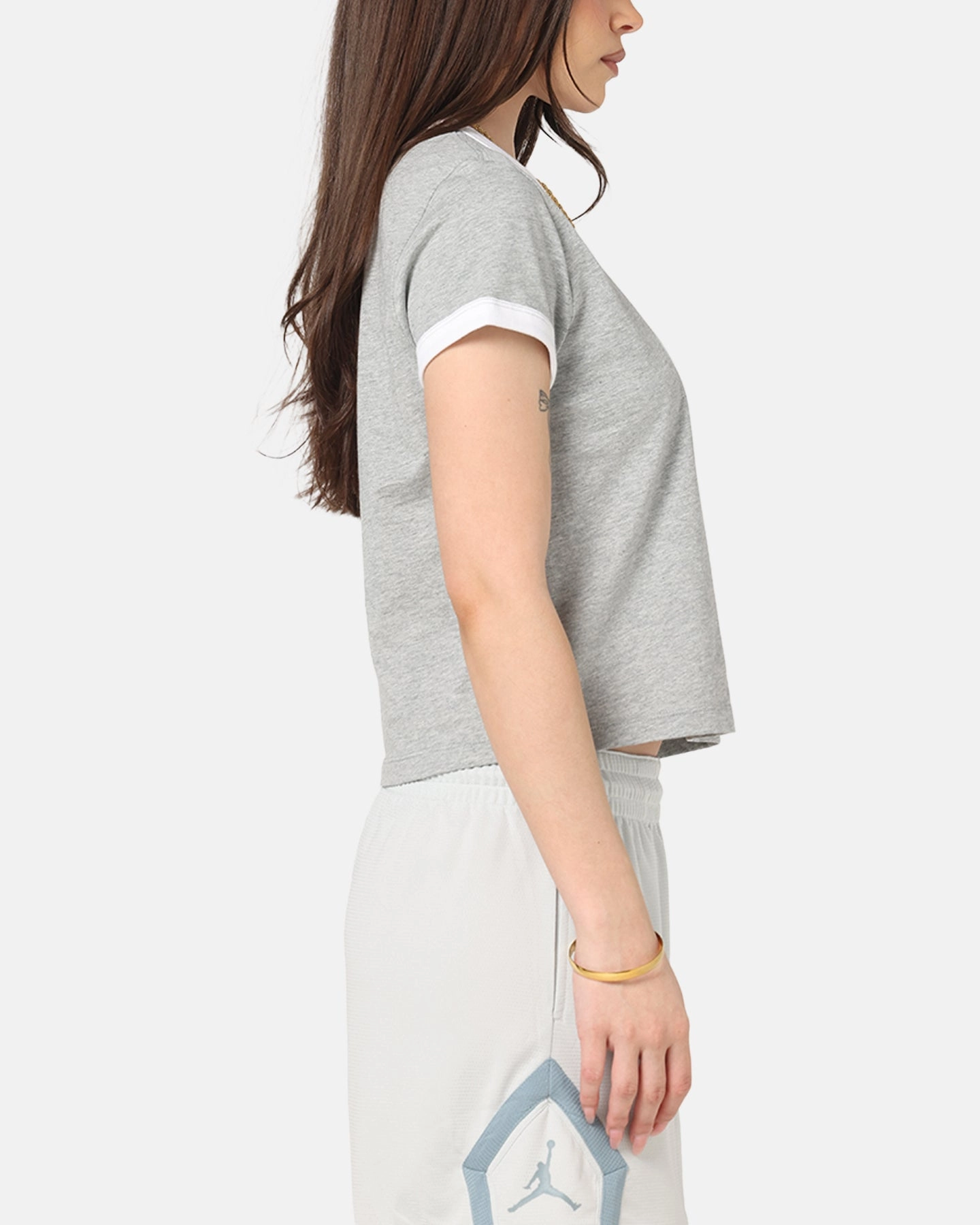 Contrast Topstitching Detail MeshLining Nike Women's Sportswear Graphic Ringer T-Shirt Dark Grey Heather