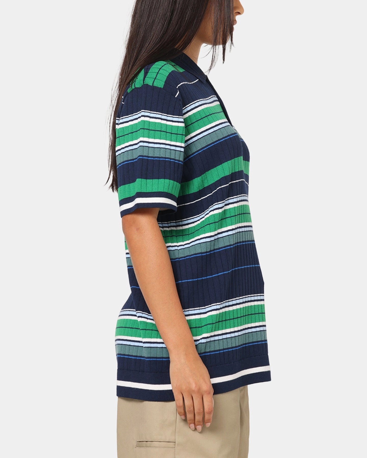 Adidas Originals Knit Stripe Polo T-Shirt Night Indigo/Green LatticeKnit SeamFreeShoulder