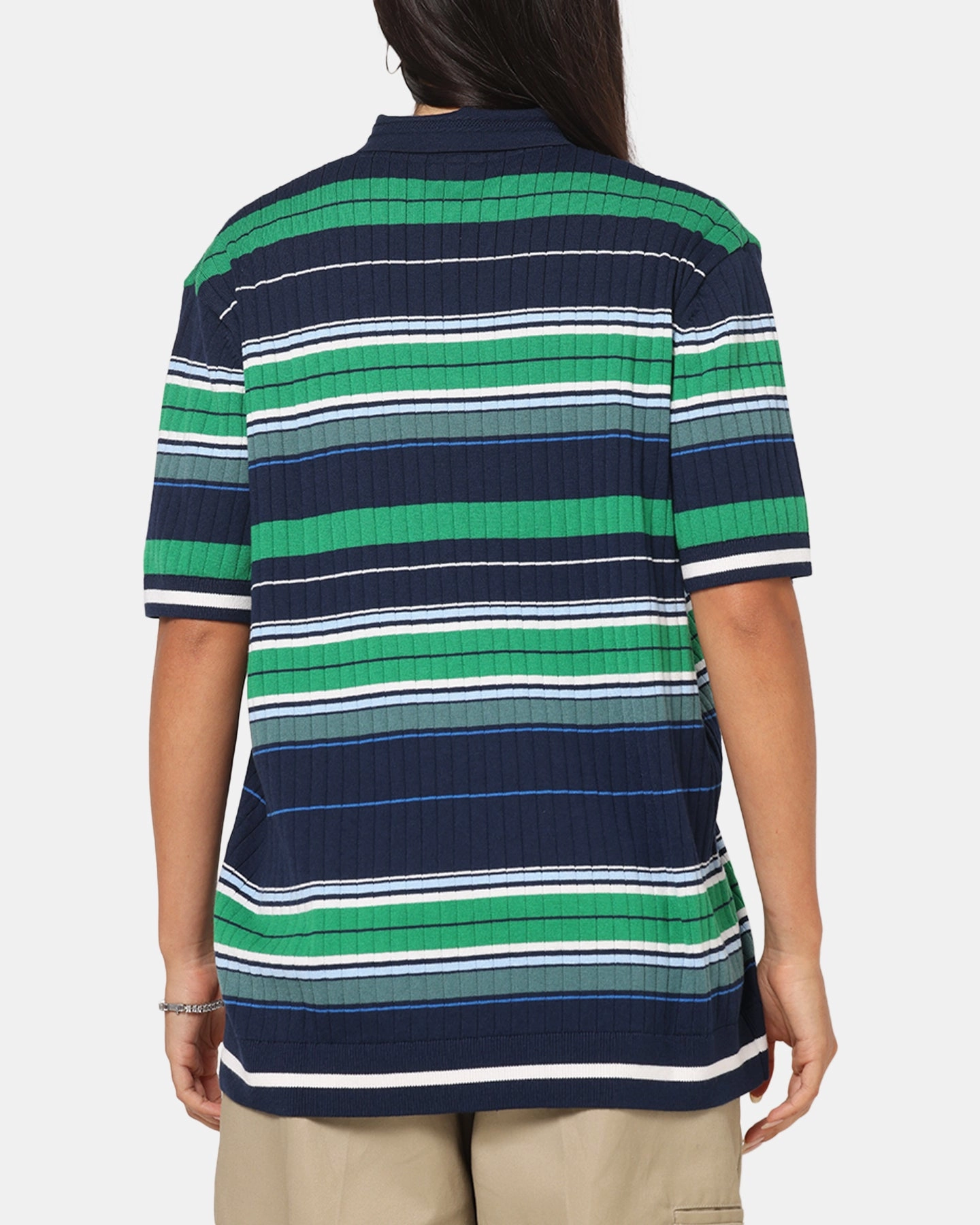 Adidas Originals Knit Stripe Polo T-Shirt Night Indigo/Green Non Restrictive Armhole Cut