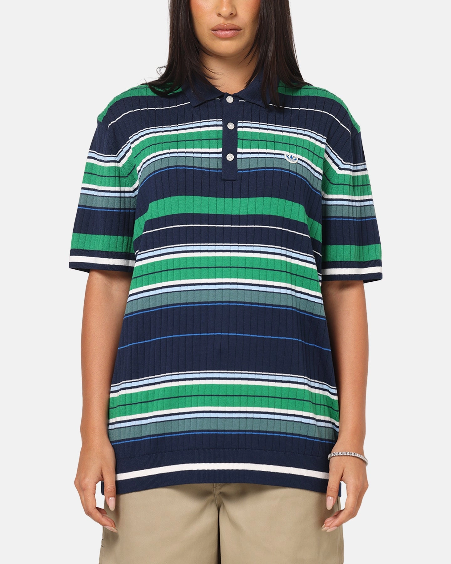 Adidas Originals Knit Stripe Polo T-Shirt Night Indigo/Green High Thread Count Cotton