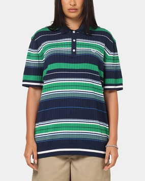 Adidas Originals Knit Stripe Polo T-Shirt Night Indigo/Green High Thread Count Cotton