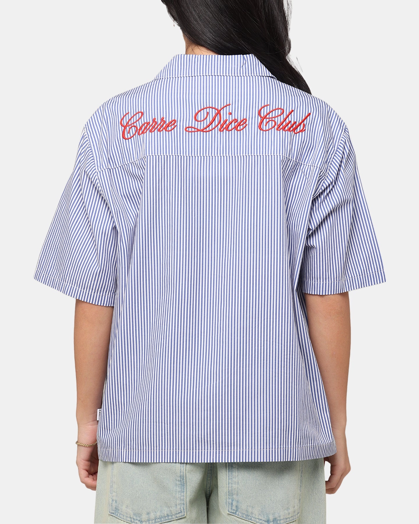 Carre Dice Club Button Up Shirt Pinstripe RibbedTrims DoubleLayered Neckline