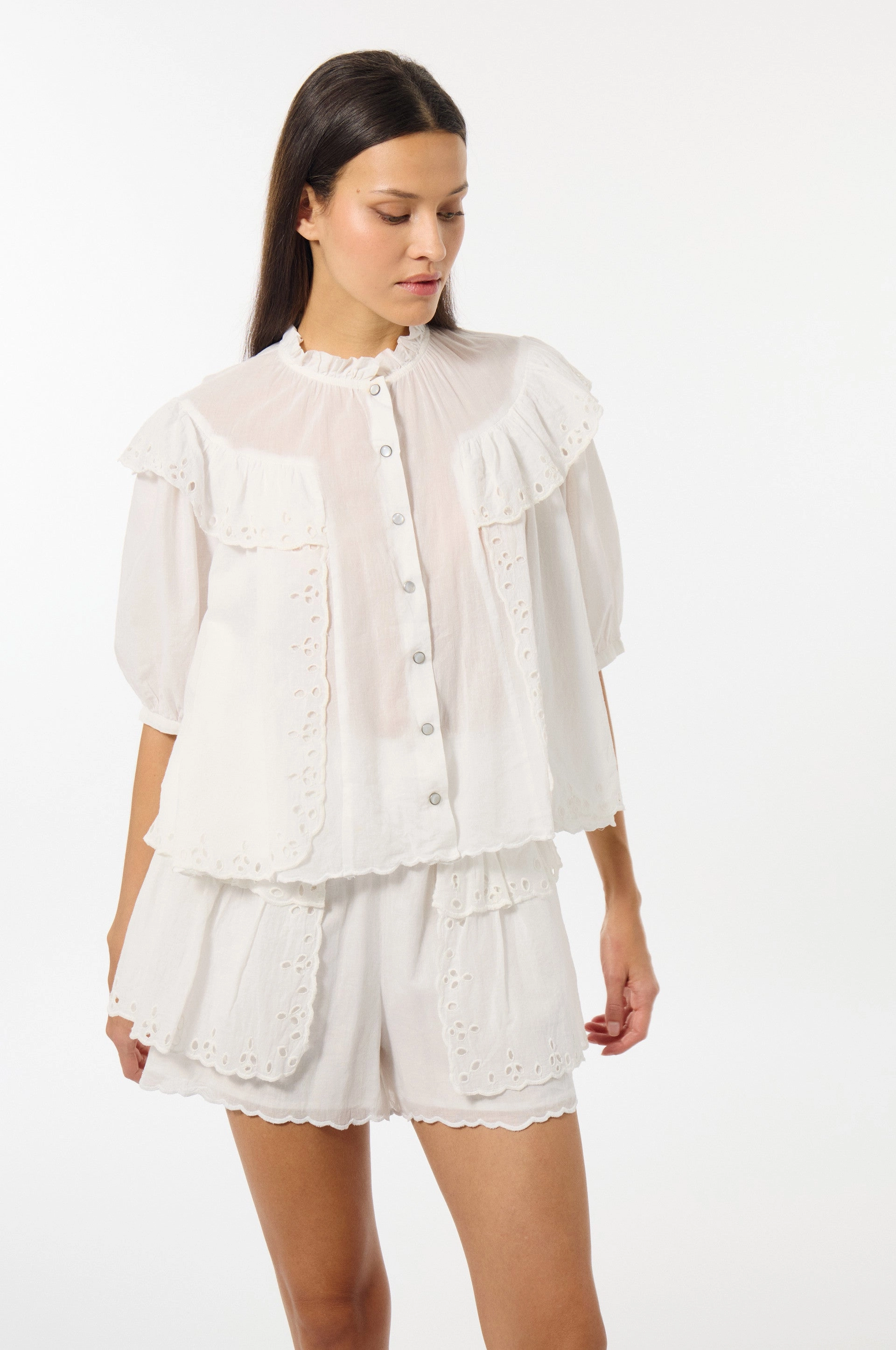 Broderie Anglaise Shirt Contrast Topstitching Detail Low Profile Waistband Integration