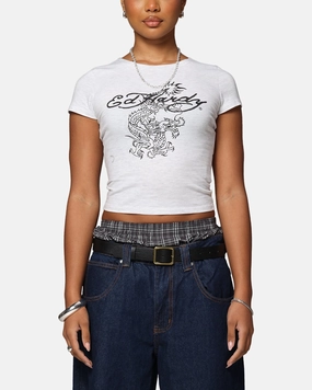 SublimatedPrint Layered Look Ed Hardy Women's Dragon Baby T-Shirt Grey Marle