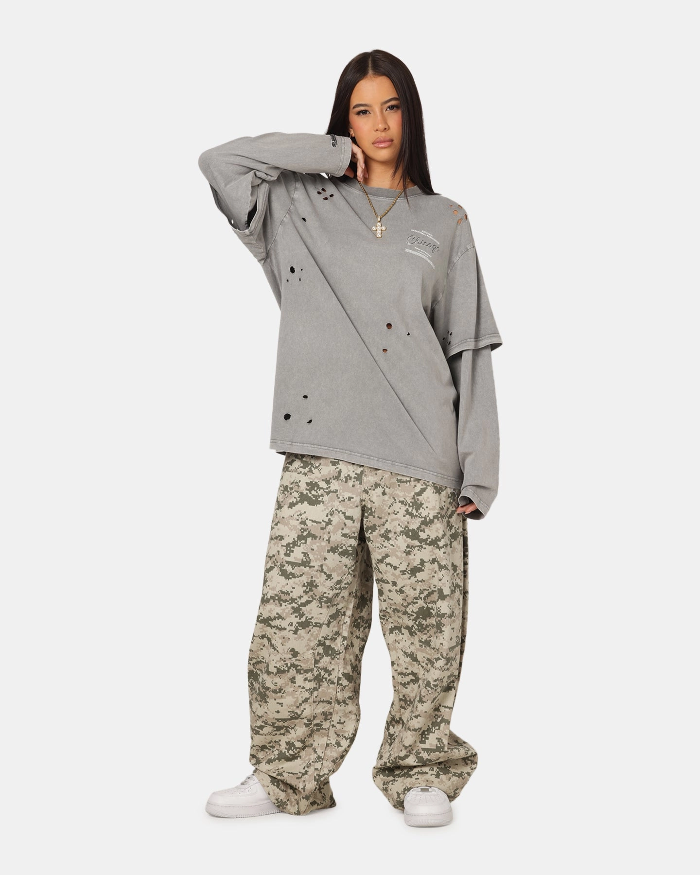 Layered Collar LoopwheelFabric Mitchell & Ness Chicago Bulls Chromed Mock Long Sleeve T-Shirt Gunmental Grey