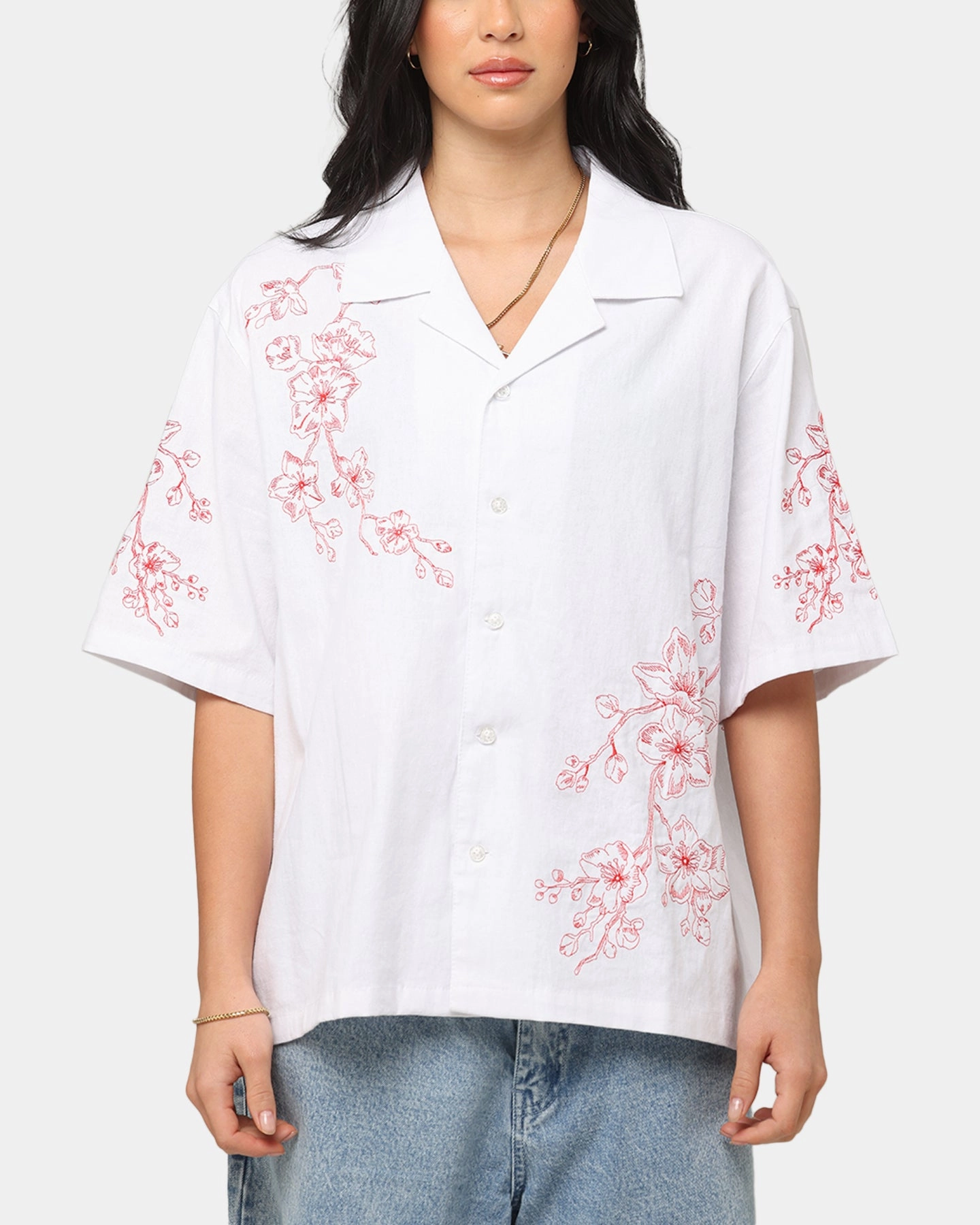 Carre Blossom Button Up Shirt White/Red ConvertibleSleeves Multipanel Construction