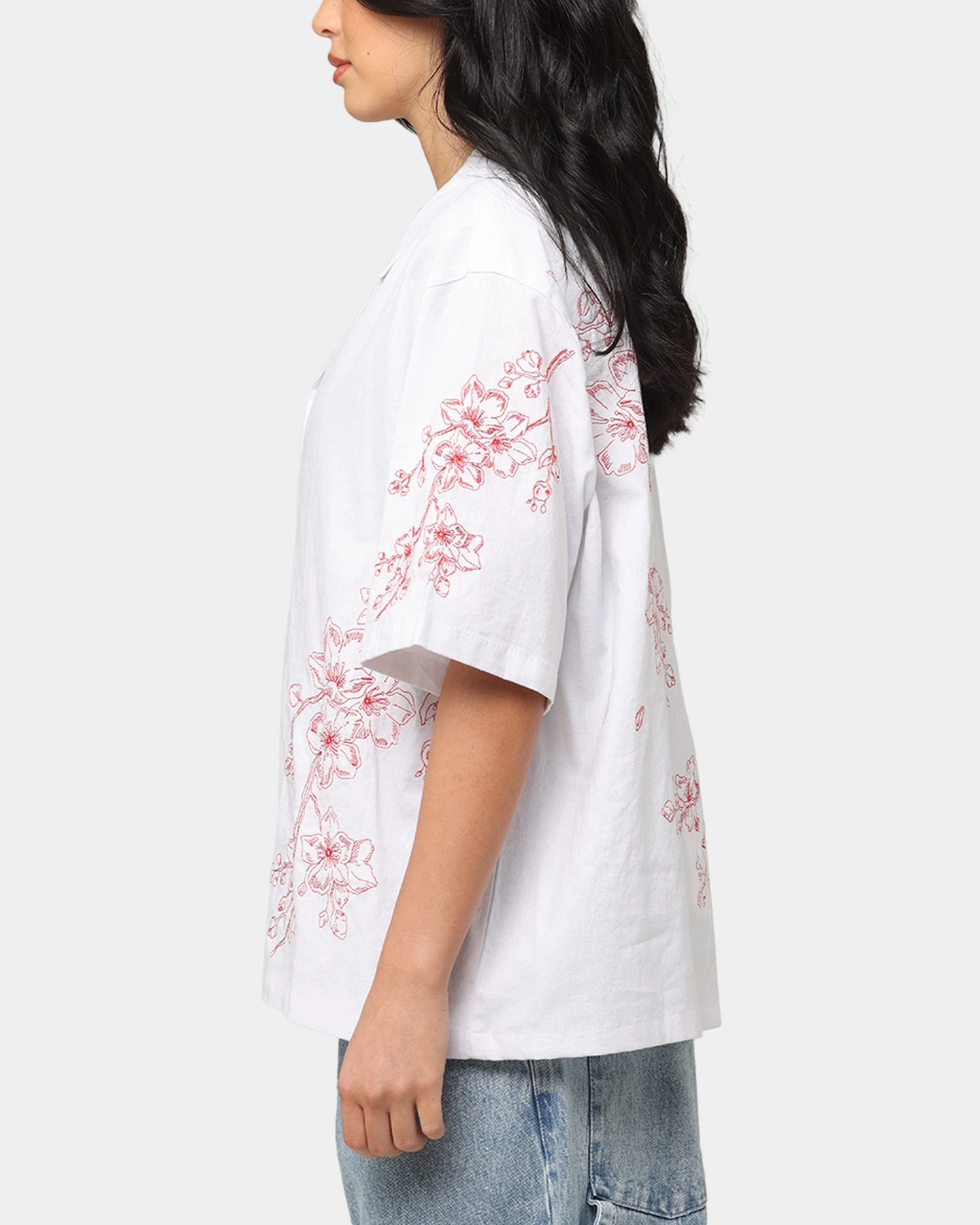 Carre Blossom Button Up Shirt White/Red Modern Polo Weighted Hem