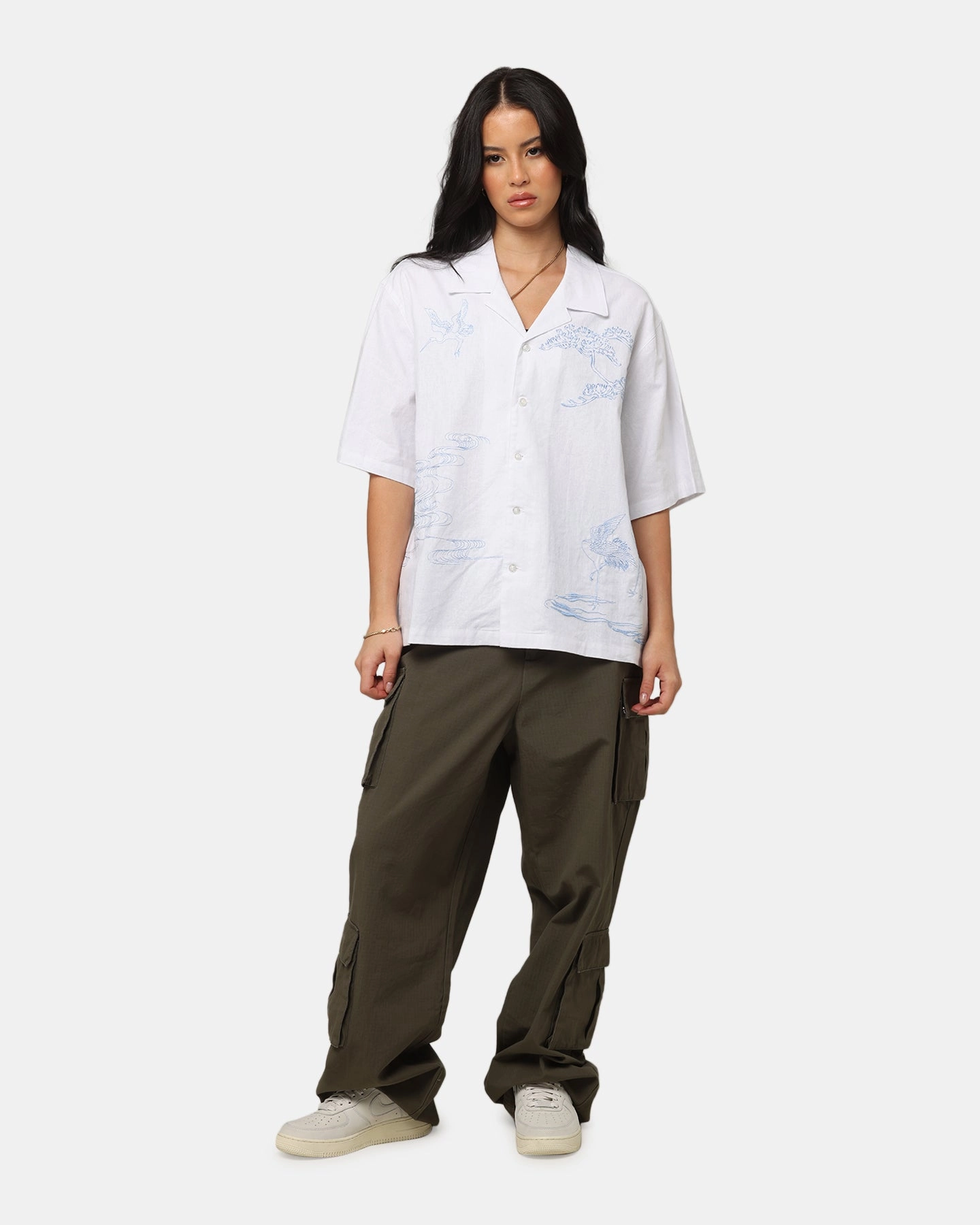 Relaxed Fit Shirt NonPill Surface Treatment Carre Crane Button Up Shirt White/Light Blue